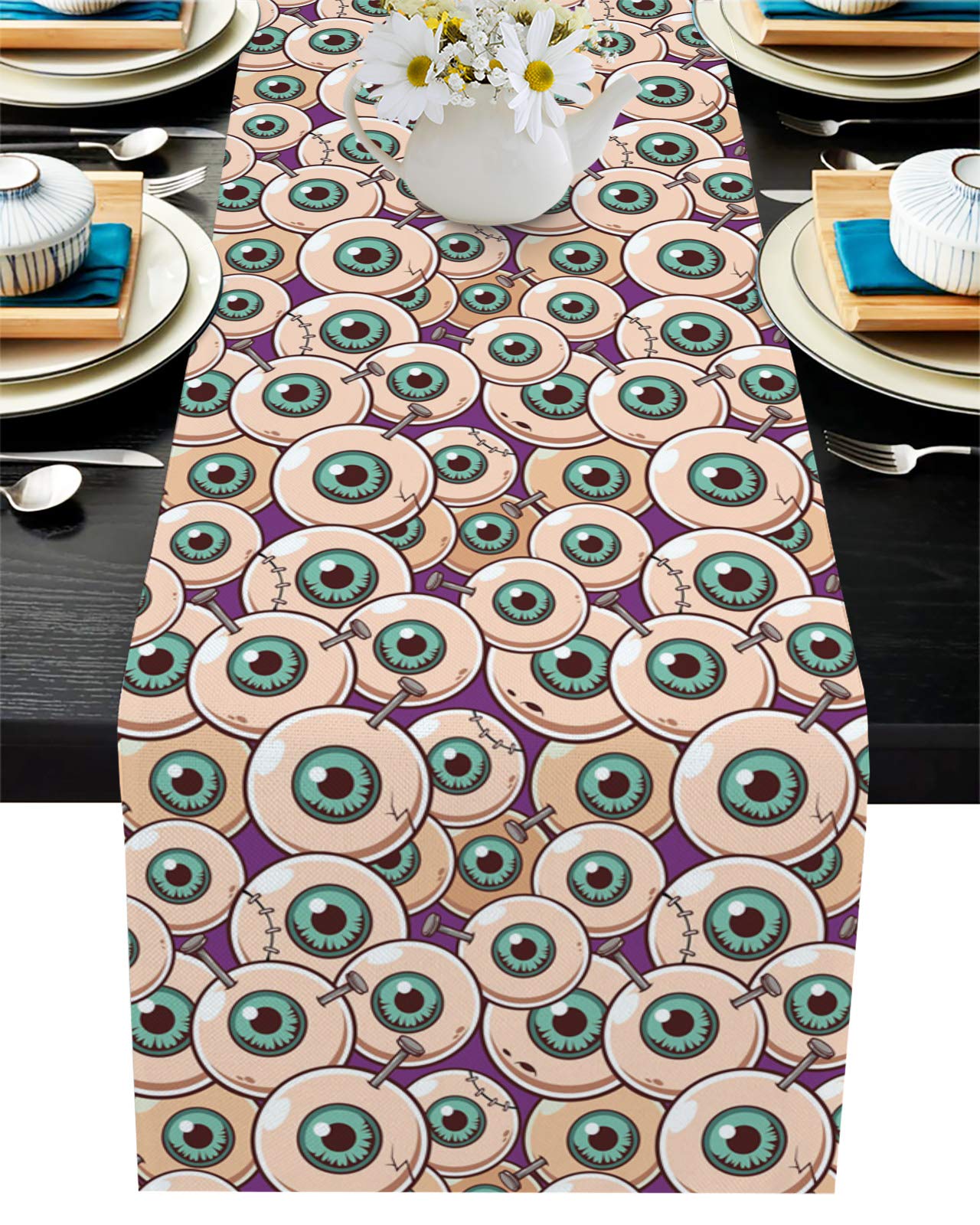 EZON-CH Washable Halloween Themed Zombie Eyeball Table Runner 13x90 Inch - Non-Slip Rectangle Table Setting Decor for Kitchen, Dining Room & Party Decorations - Perfect for Halloween Parties, Home Dining & Holiday Gatherings