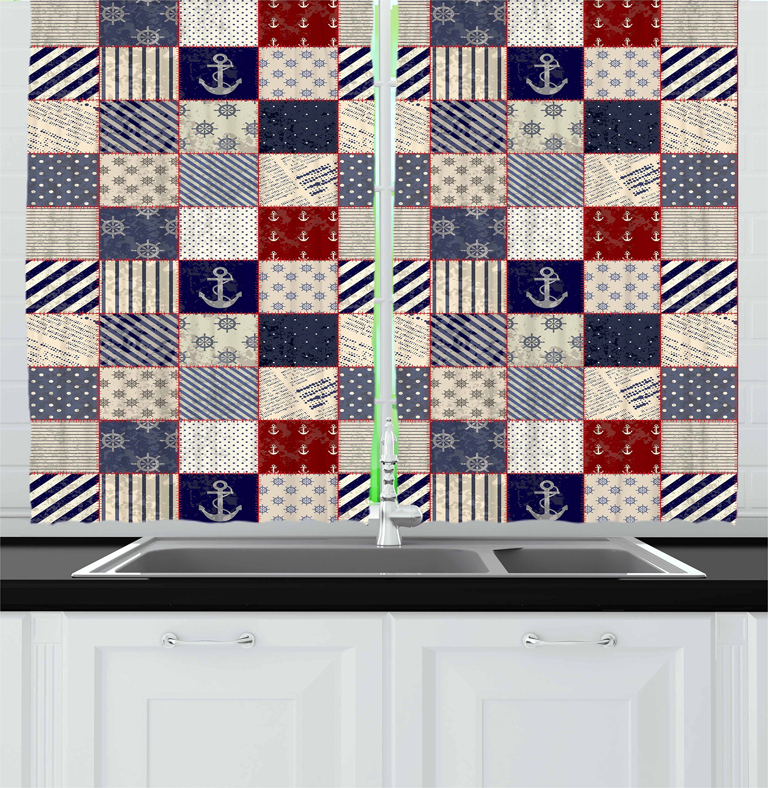 Geometric Kitchen Curtains Set of 2 - Navy Blue Beige & Ruby Checkered Pattern with Nautical Design for Window Drapes, 55x39 Inches - Perfect for Kitchen, Cafe & Boho Home Decor