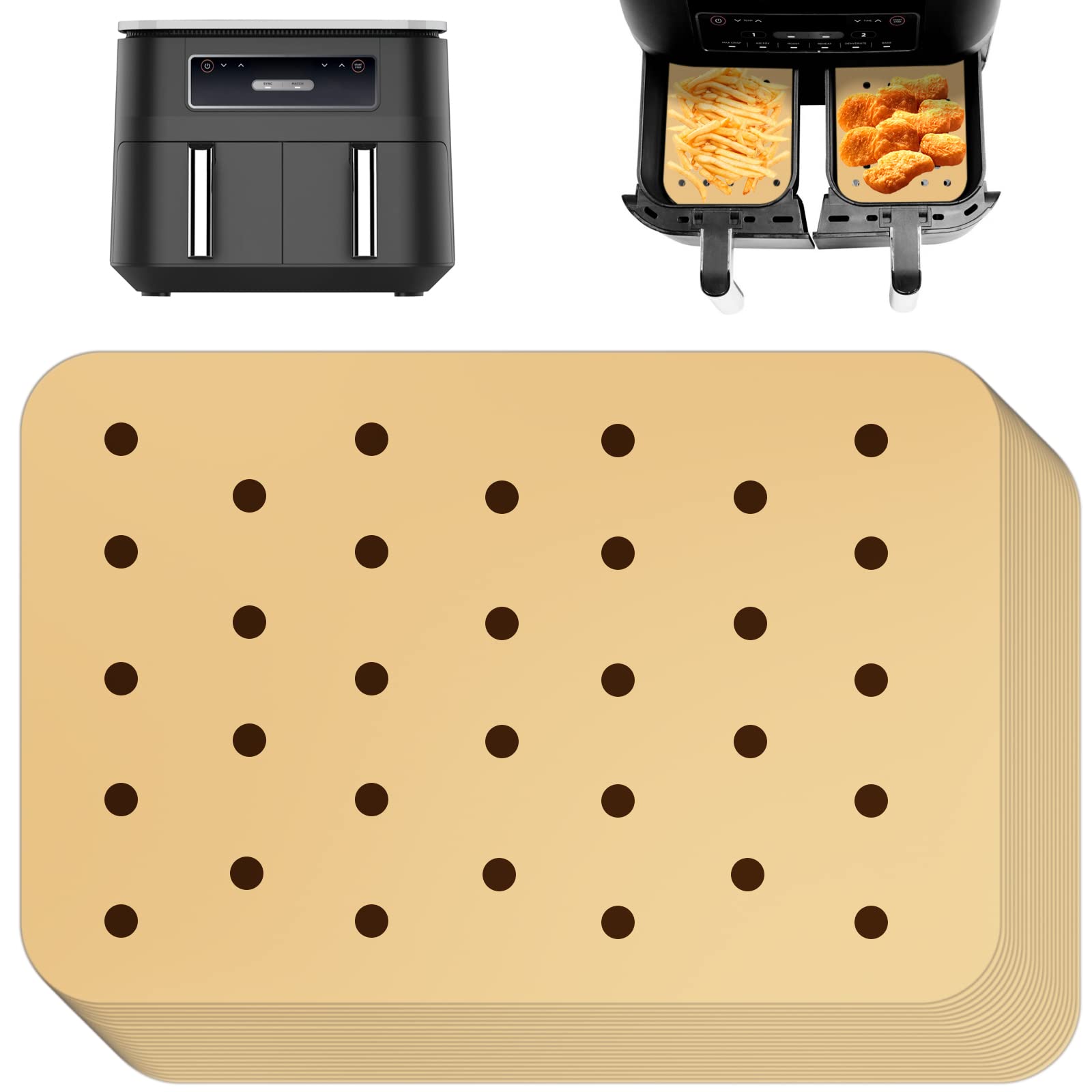 BYKITCHEN 100pcs Nonstick Air Fryer Liners Square - Compatible with Ninja Foodi Dual Zone Air Fryer & AF300UK, Unbleached Parchment Paper for Healthy Cooking | Perfect for Roasting, Baking, and Air Frying Chicken Wings, Vegetables, and Snacks