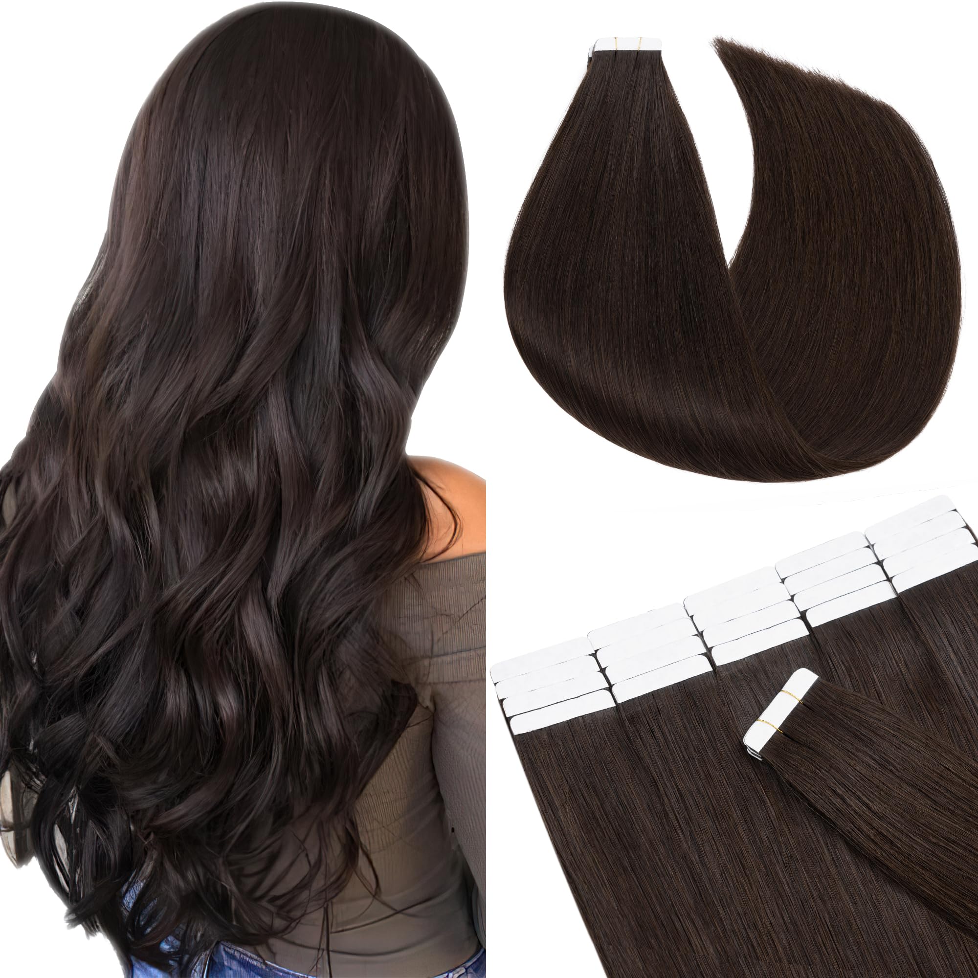 SEGO 22 Inch Tape-in Human Hair Extensions - 100g 40pcs Straight 100% Remy Hair with Seamless Skin Weft & Invisible Double Sided Tape - Dark Brown for Women | Perfect for Volume Boosting, Length Extension & Everyday Styling