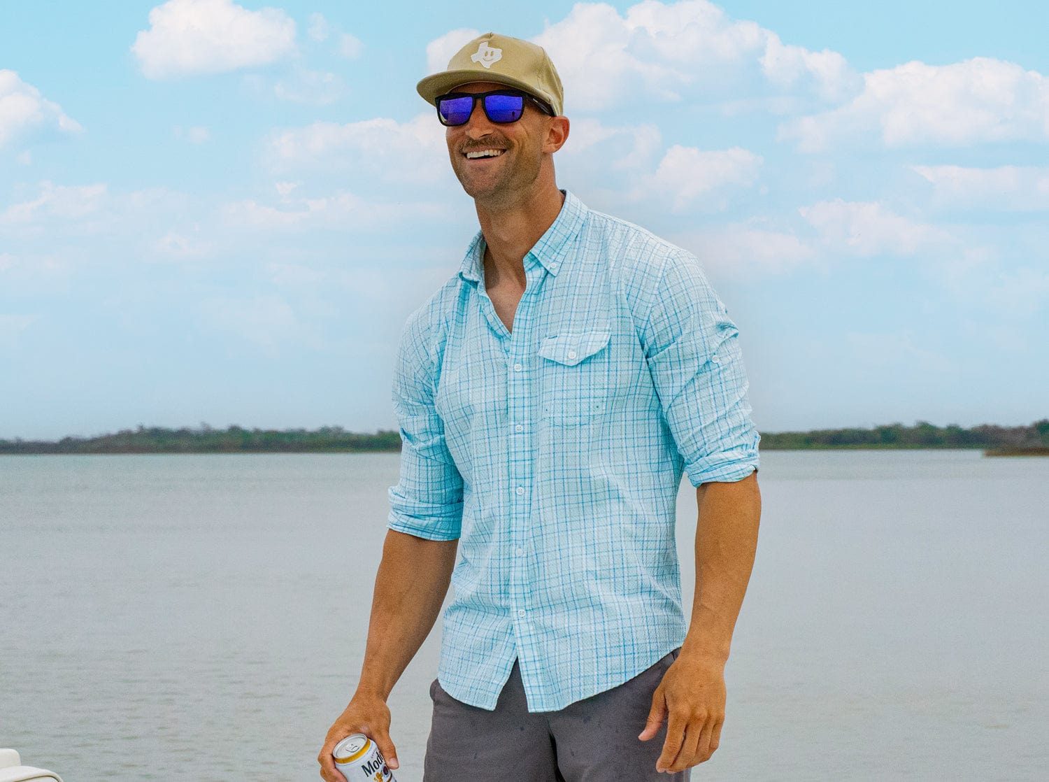 Performance Seersucker Fishing Shirt - Breathable & UV Protection - Light Blue Windowpane Design - Ideal for Outdoor Fishing, Boating & Summer Adventures