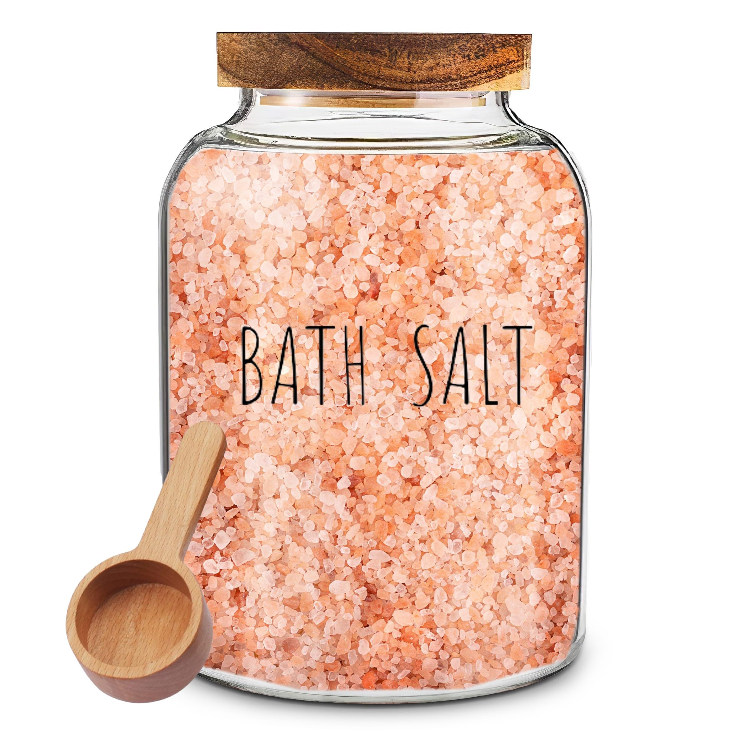 Bath Salts Glass Jar with Wooden Lid & Scoop - Airtight Bath Salt Container for Women - Perfect for Bathroom Decor & Bathtub Accessories - Ideal for Relaxing Spa Nights & Gift Giving