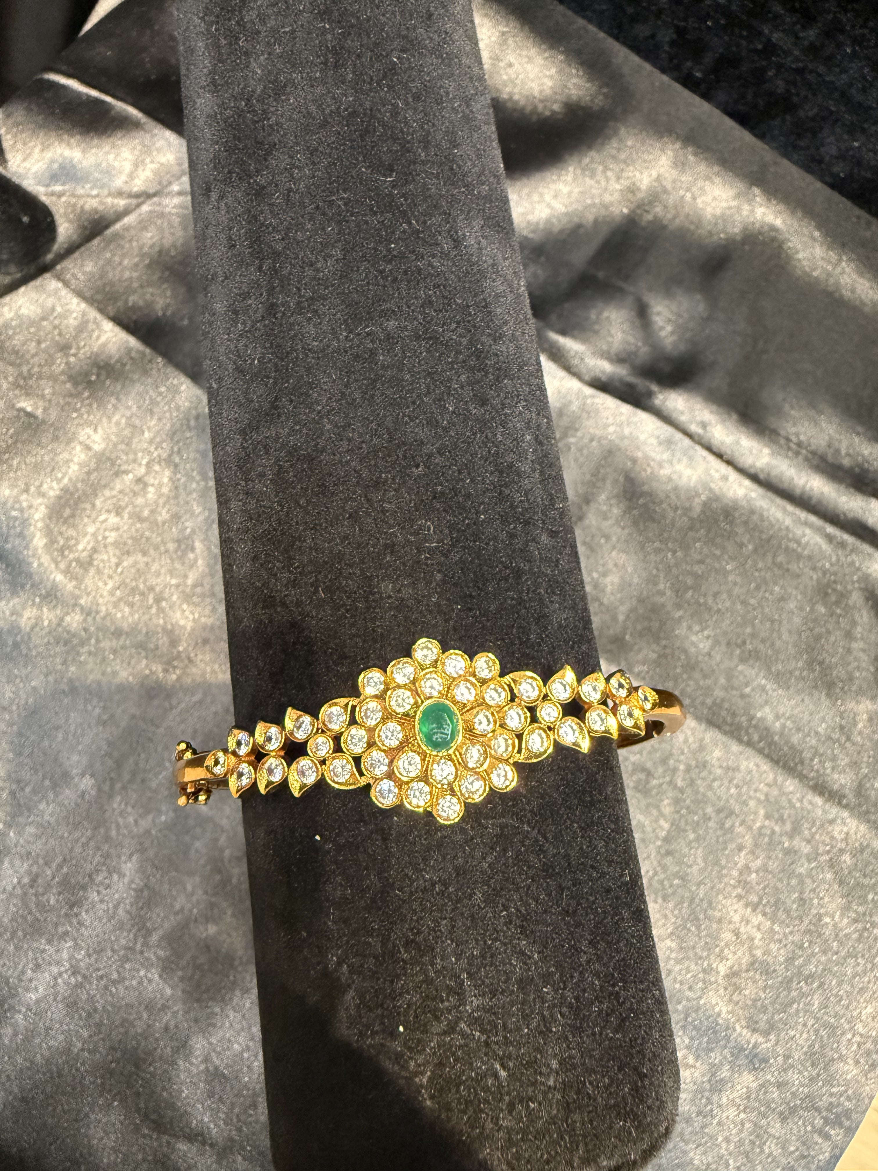 Elegant Gold Plated Bracelet with Green & White Stones & Floral Design - Perfect for Weddings, Parties & Special Occasions
