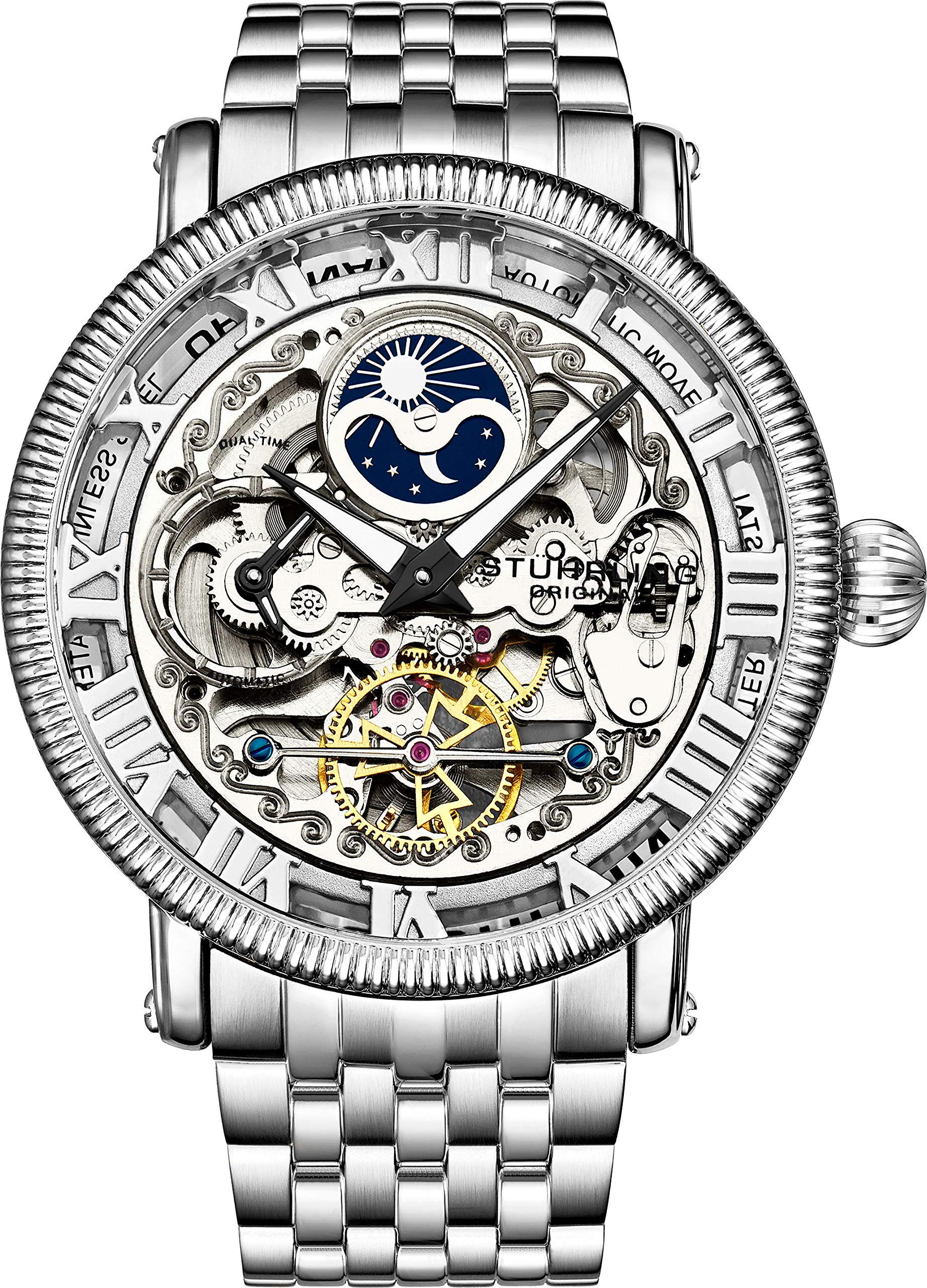 Stührling Original Men's Automatic Skeleton Watch with Analog Dial, Silver Accents, Dual Time & AM/PM Sun Moon Display - Stainless Steel Bracelet (Model 3922) | Luxury Dress Watch for Business, Formal Events & Everyday Wear