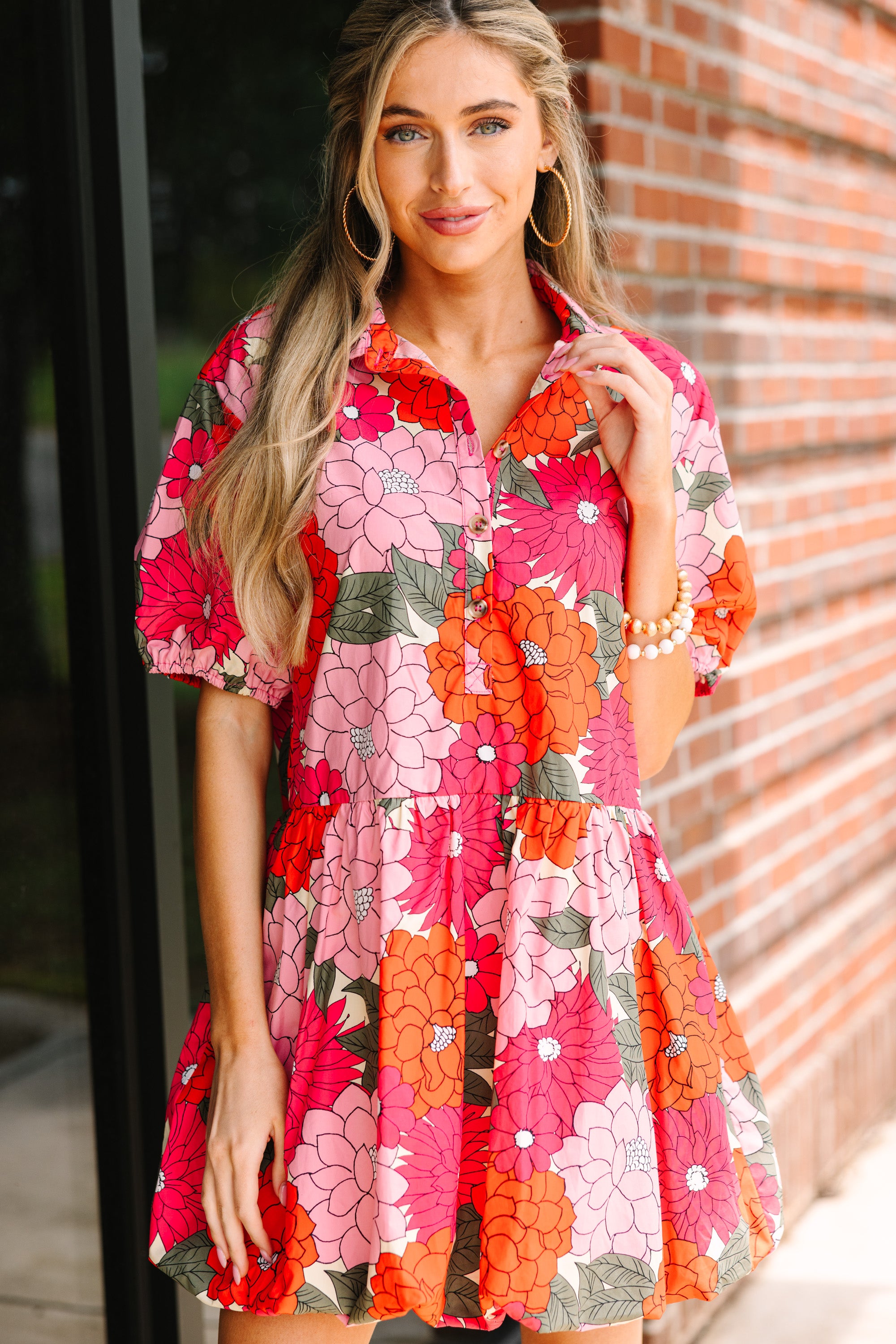Coral Orange Floral Bubble Dress for Women - Elegant Summer Party & Vacation Outfit - Perfect for Beach Weddings, Date Nights & Outdoor Events