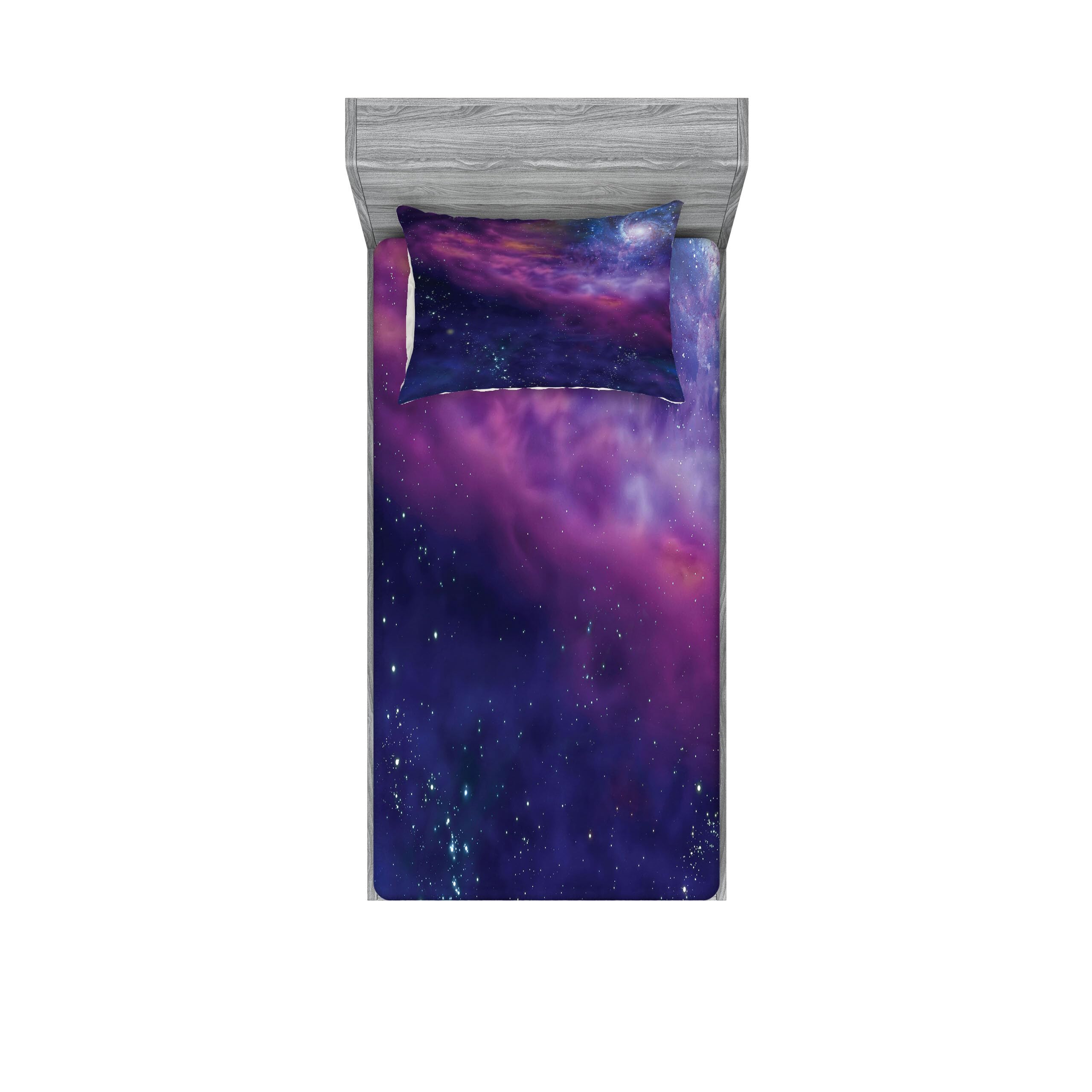 Ambesonne Outer Space Fitted Sheet & Pillow Sham Set - Milky Way Galaxy Print with Star Clusters & Solar System Design, Twin XL Purple Blue Bedding Set for Kids & Teens Room Decor | Space Themed Bedroom Accessories