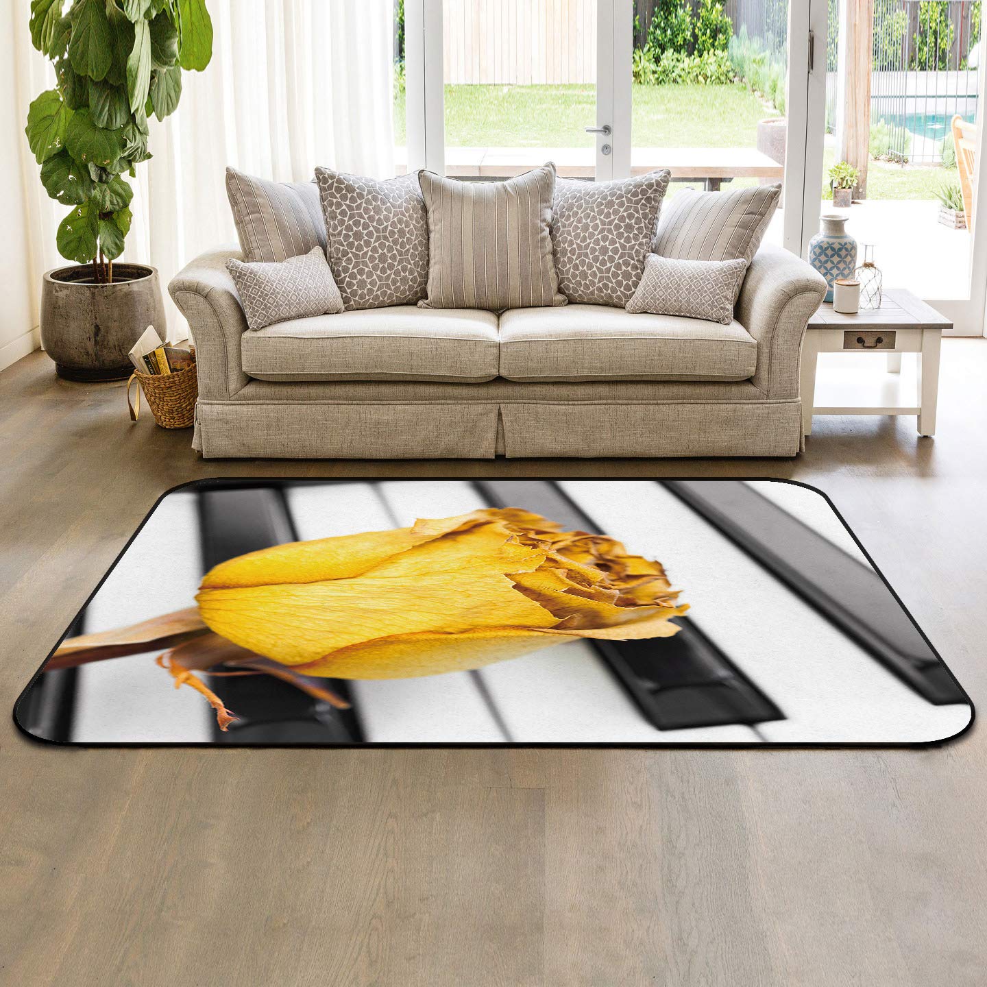 5' x 8' Modern Floral Area Rug - Yellow Roses Piano Keyboard Design - Soft Nursery Rug for Kids - Indoor/Outdoor Living Room & Bedroom Carpet - Perfect for Home Decor, Playrooms and Cozy Spaces