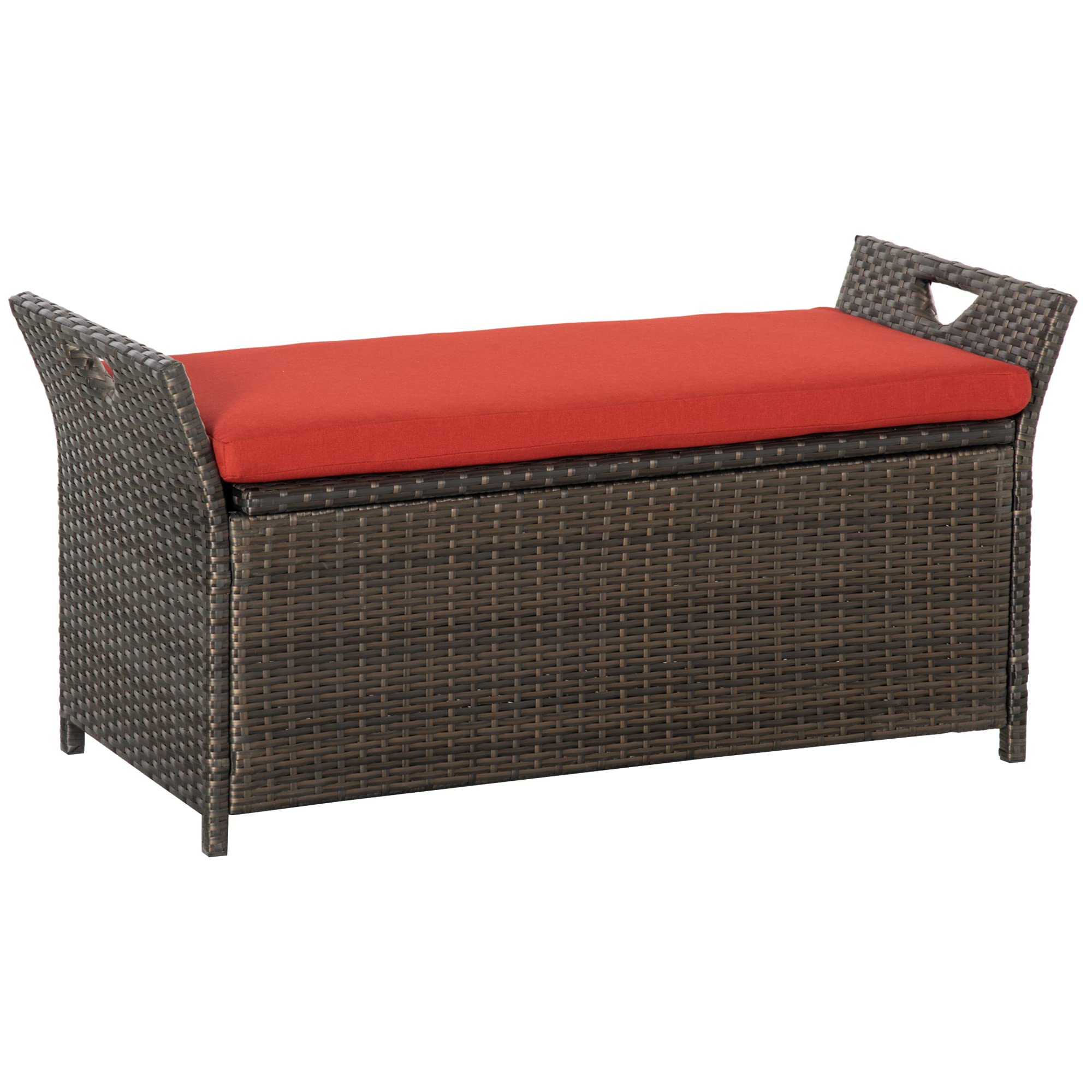 Outsunny 29 Gallon Outdoor Wicker Storage Bench - 2-in-1 PE Rattan Patio Furniture with Cushion, Large Rectangle Garden Storage Box with Handles (Red) | Perfect for Backyard, Deck, Poolside & Patio Organization