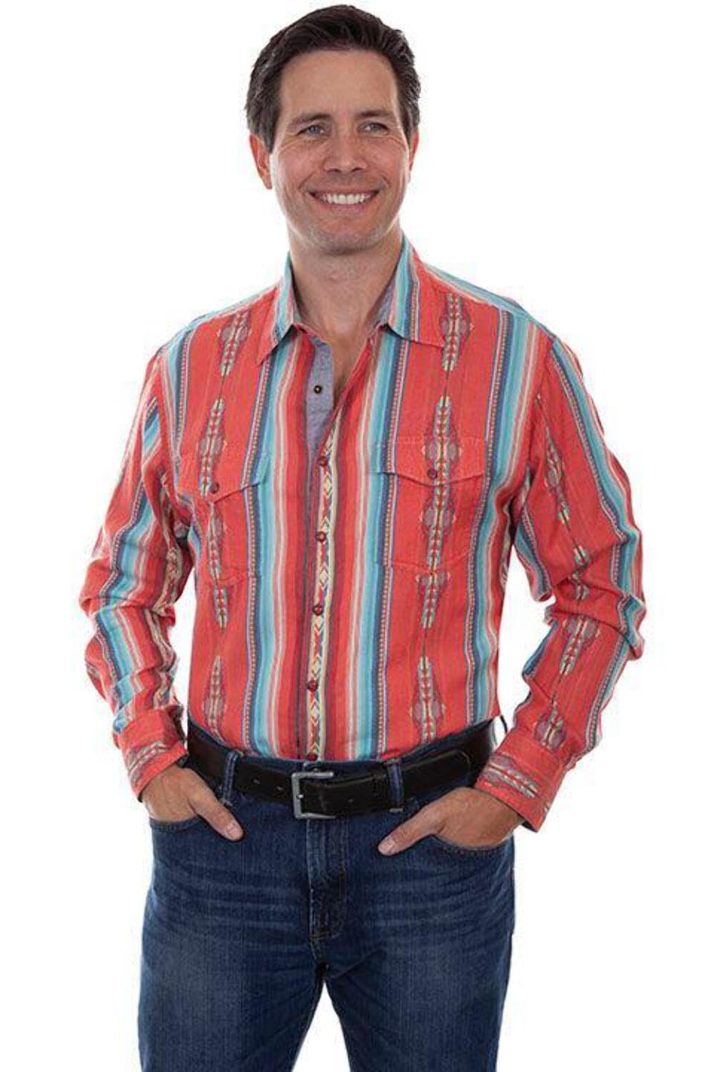 Men's Long Sleeve Scully Western Shirt - Southwest Stripe Snap Button Shirt in Coral (F0_PS-243) | Perfect for Country Music Festivals, Rodeo Events & Casual Western Wear