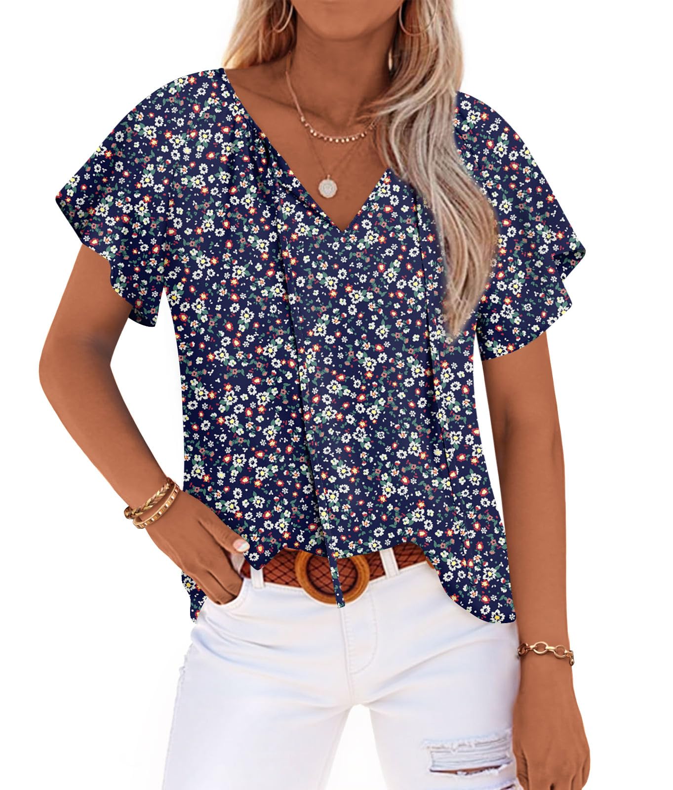 Anydoll Women's 2025 Summer Tunic Tops - Casual Short Sleeve V-Neck Blouses, Flowy Chiffon Boho Shirts for Beach, Vacation & Everyday Wear