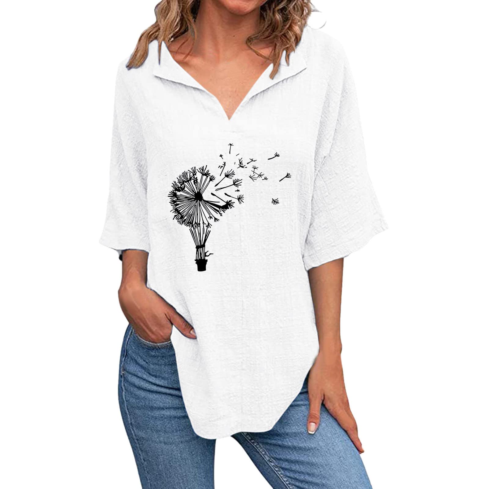 Women's V-Neck Short Sleeve Printed Dandelion Cotton Linen Blouse - Summer Loose Fit Casual Tunic Top for Beach, Travel & Everyday Wear
