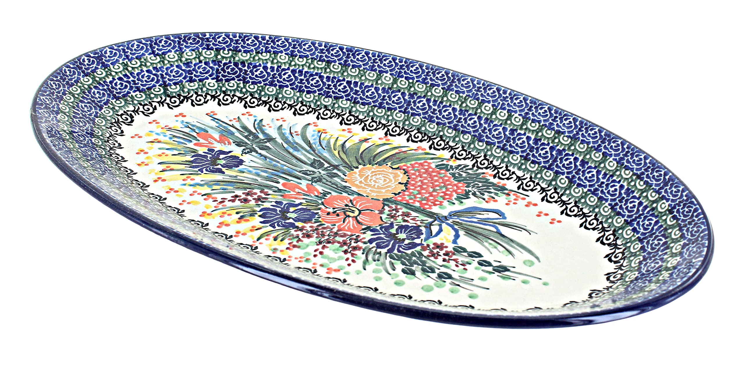 Blue Rose Polish Pottery Summer Blooms Oval Platter - Handmade Ceramic Serving Dish for Dinner Parties, Holiday Entertaining & Home Decor