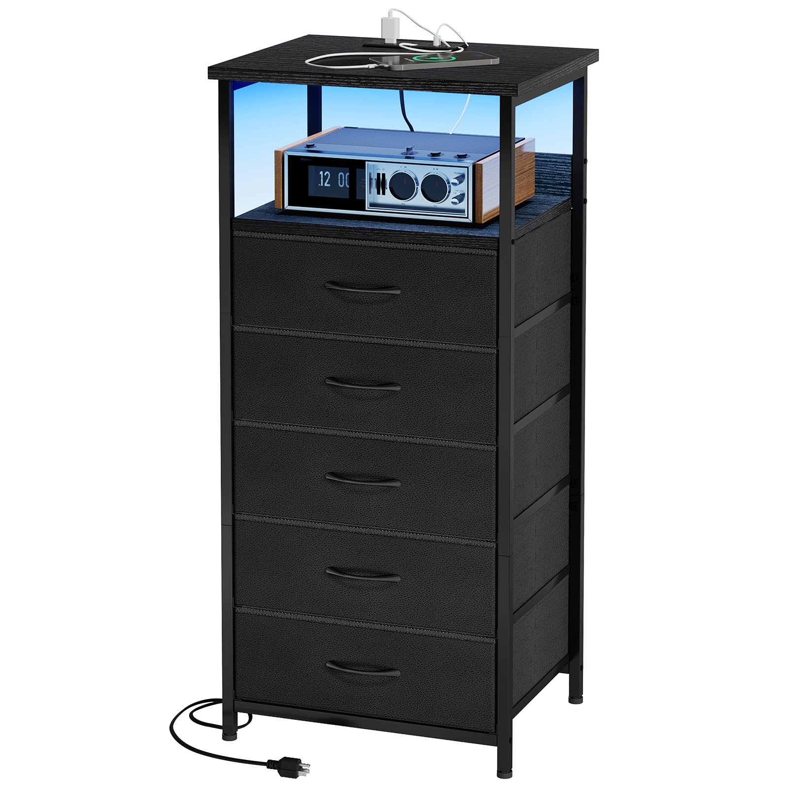 Fixwal Tall Nightstand with USB Charging Station & LED Lights - 5-Drawer Fabric Dresser with PU Finish - Modern Bedside Table for Bedroom, Living Room, or Office (Black)