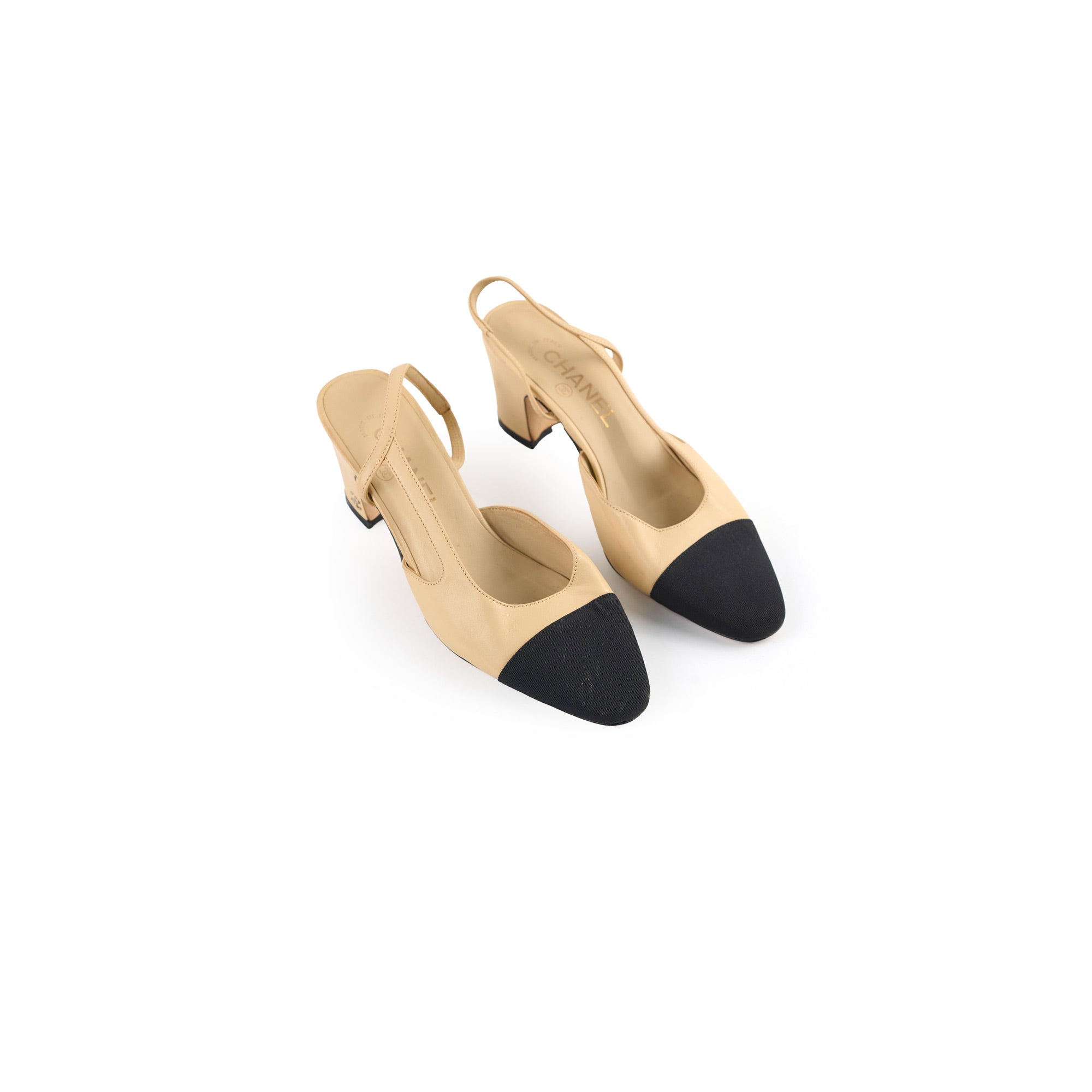 Chanel Beige & Black Two-Tone Slingback Heels Size 37 - Elegant Women's Dress Shoes for Office, Wedding & Evening Events