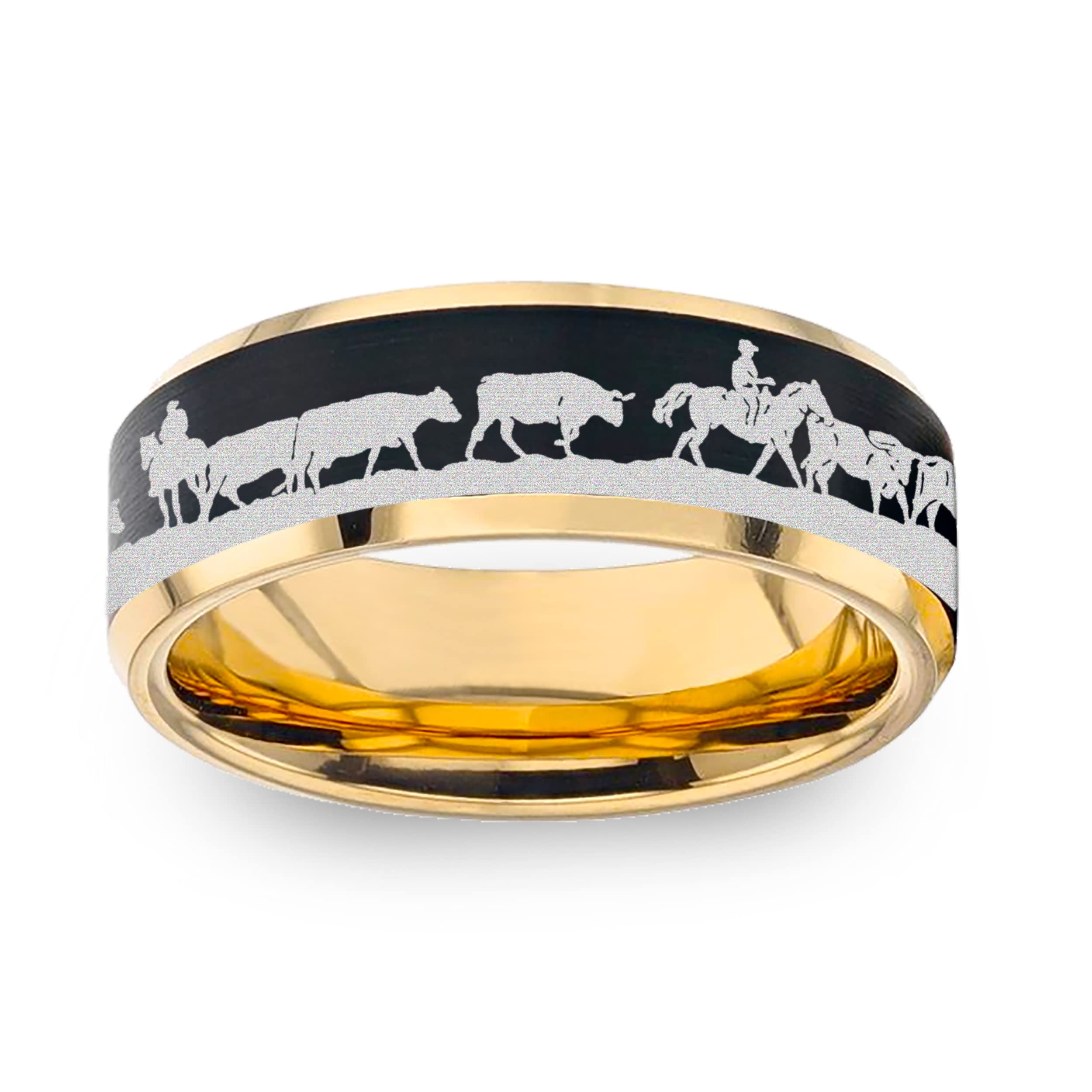 **Rustic Cowboy Wedding Band - Engraved Cattle Herd Ring for Farmers & Ranchers - Durable Stainless Steel Livestock Jewelry - Perfect for Ranch Life, Country Weddings & Cowboy Gifts**    *(Use for: Western weddings, farmer proposals, ranch anniversary gifts, cowboy fashion accessory, livestock lover jewelry)*