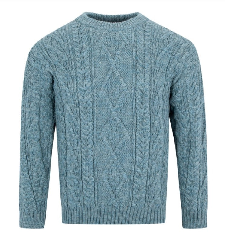 Men's Aran Knit Jumper - Blue Summerstorm 100% British Wool Crew Neck Sweater | Warm Winter Pullover for Casual Outfits & Outdoor Activities