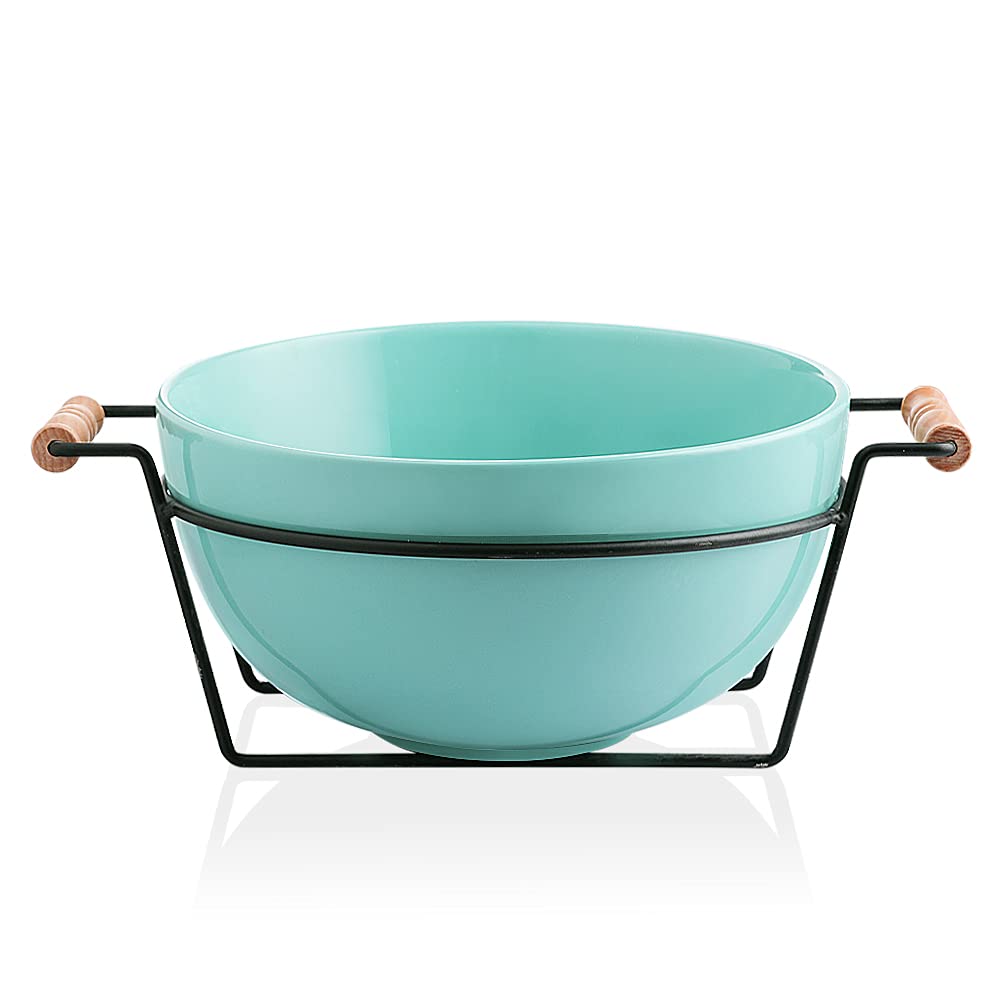 Sweejar 3.7 Quart Porcelain Serving Bowl with Stand - Large 138oz Salad, Popcorn, Fruit & Snack Bowl for Family Gatherings, Parties & Entertaining (Turquoise) - Perfect for Potlucks, BBQs & Holiday Meals