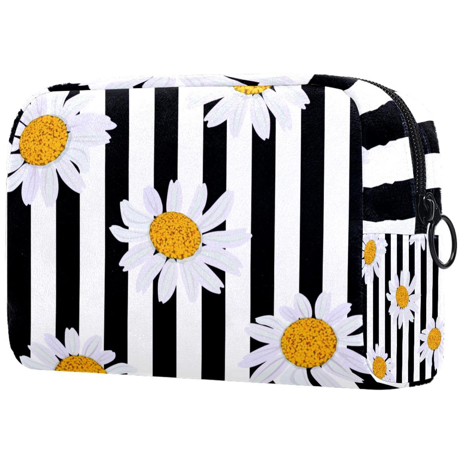 White Floral Stripes Makeup Bag - Portable Cosmetic Organizer for Women & Girls | Travel, Gym, Daily Essentials Storage