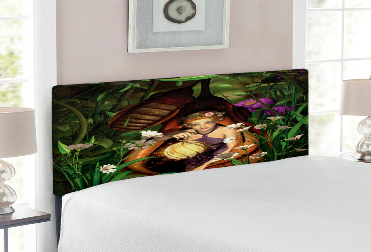 Ambesonne Cartoon Headboard - Full Size Upholstered Metal Bed Frame with Memory Foam, Mysterious Forest Elf & Nighttime Woodland Print in Green & Brown | Perfect for Fantasy Themed Bedrooms, Kids Rooms & Unique Home Decor