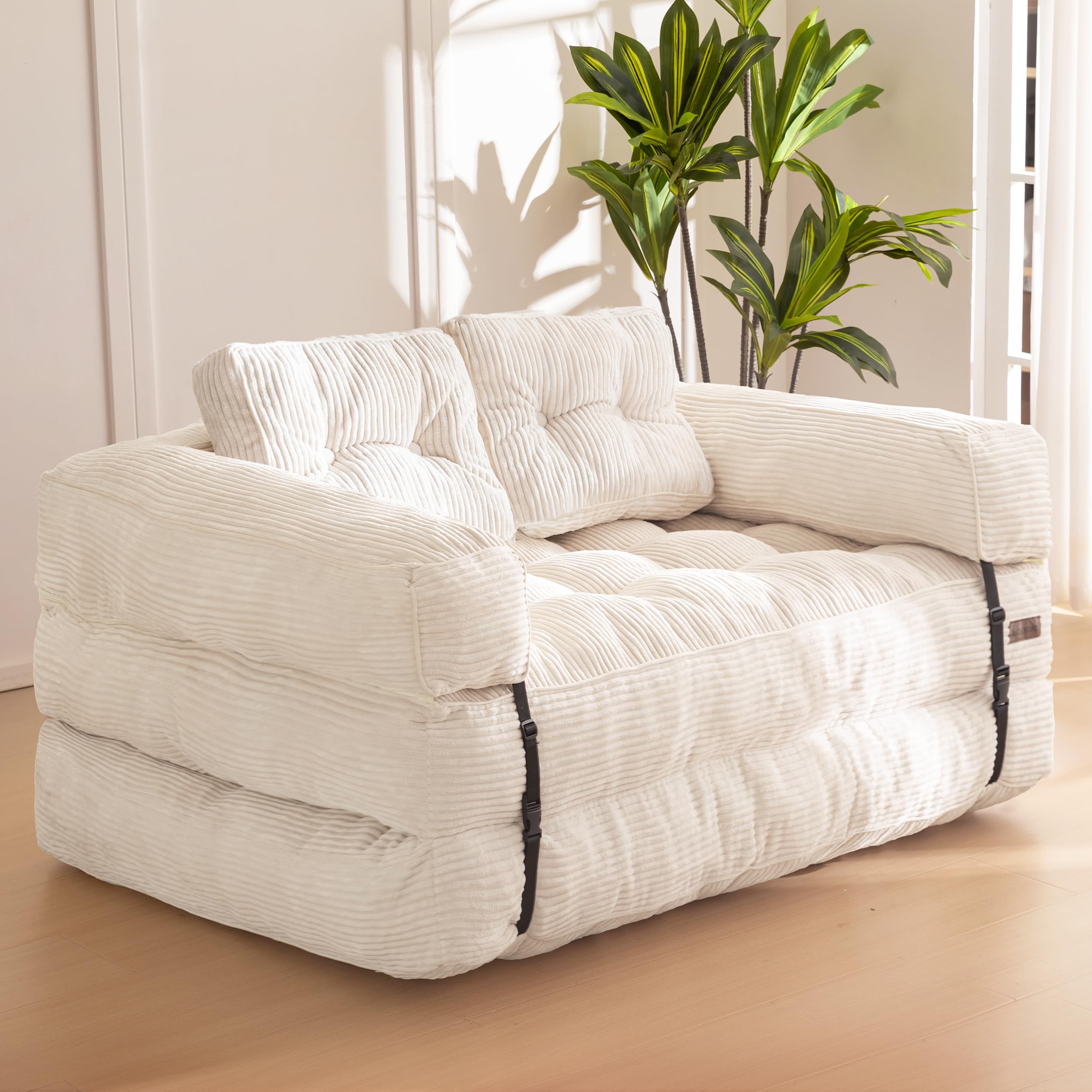 MAXYOYO L-Shaped Folding Sofa Bed - Convertible Sleeper Couch with Armrest & Pillow, Portable Fold Out Chair for Living Room & Bedroom - Comfortable Floor Lounge Sofa (Double Size, Beige) - Perfect for Small Spaces, Guest Rooms & Apartments