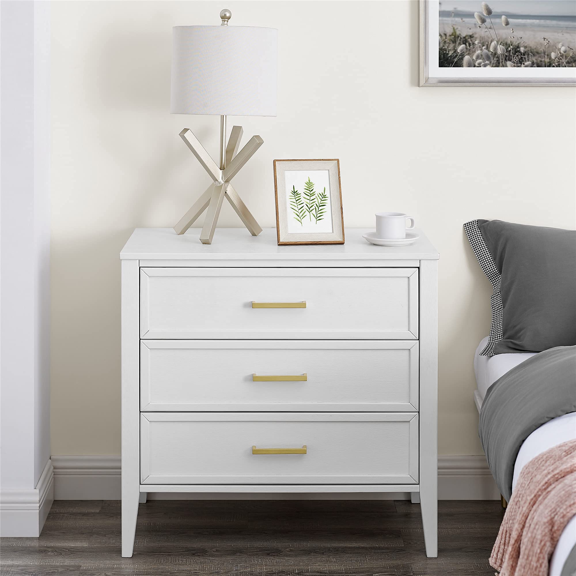 Solid Wood 3 Drawer Dresser Nightstand - Mid Century Modern Bedroom Furniture with Electroplated Metal Handles, White Chest of Drawers for Bedroom Storage | Perfect for Guest Rooms, Master Bedrooms & Apartment Decor