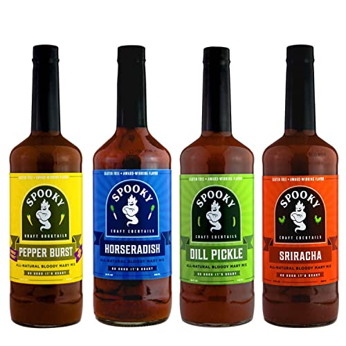 SPOOKY Bloody Mary Mix Variety Pack – Dill Pickle, Sriracha, Pepper Burst & Horseradish Cocktail Mix | All Natural, Low Carb, Gluten Free | 32oz (4-Pack) | Perfect for Halloween Parties, Brunch Cocktails & Bloody Mary Bars