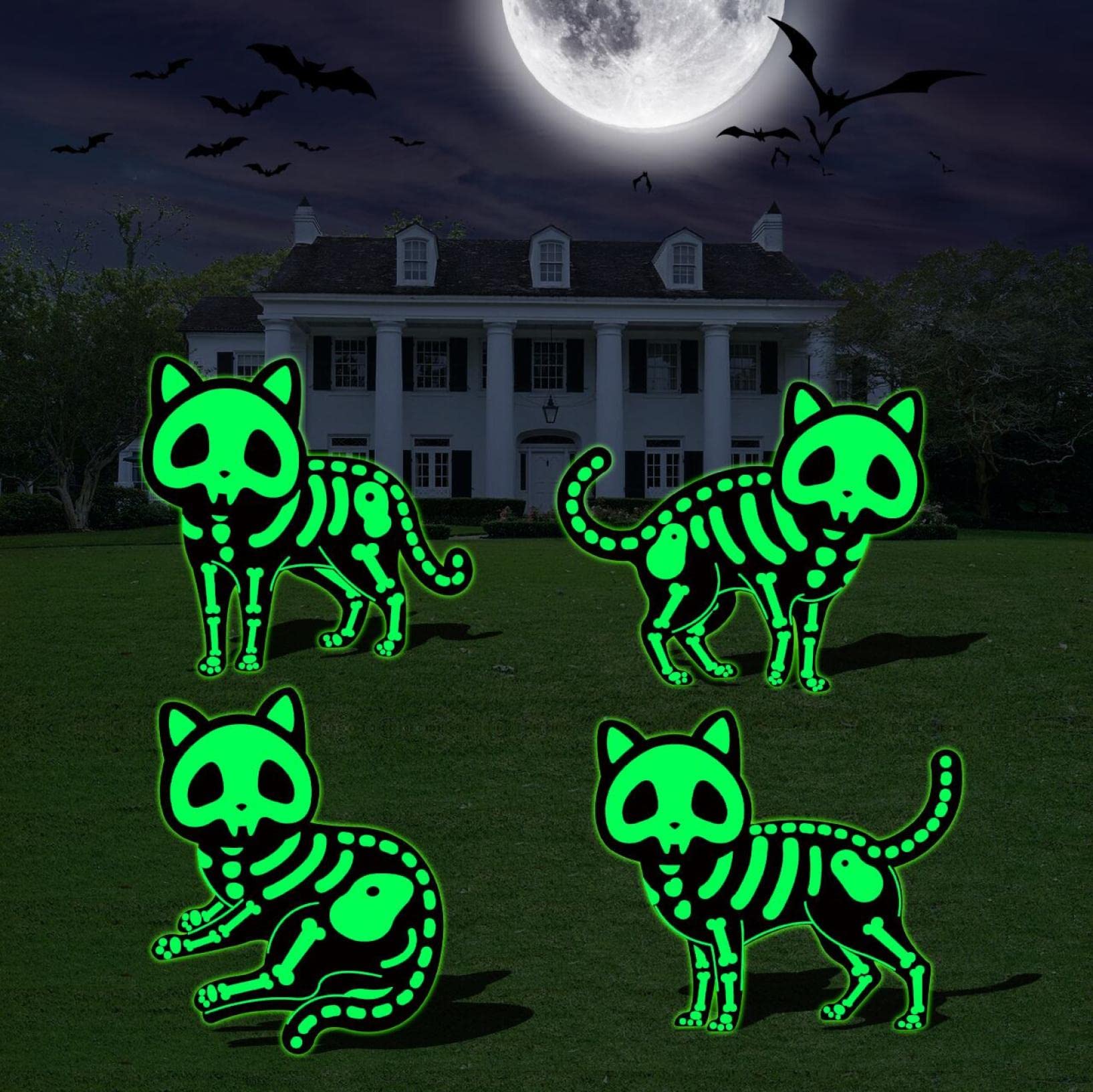 4Pcs Glow in The Dark Halloween Cat Decorations - Outdoor Reflective Yard Signs for Spooky Garden & Home Decor - Perfect for Halloween Party, Haunted House & Trick or Treat Scenes (Green)