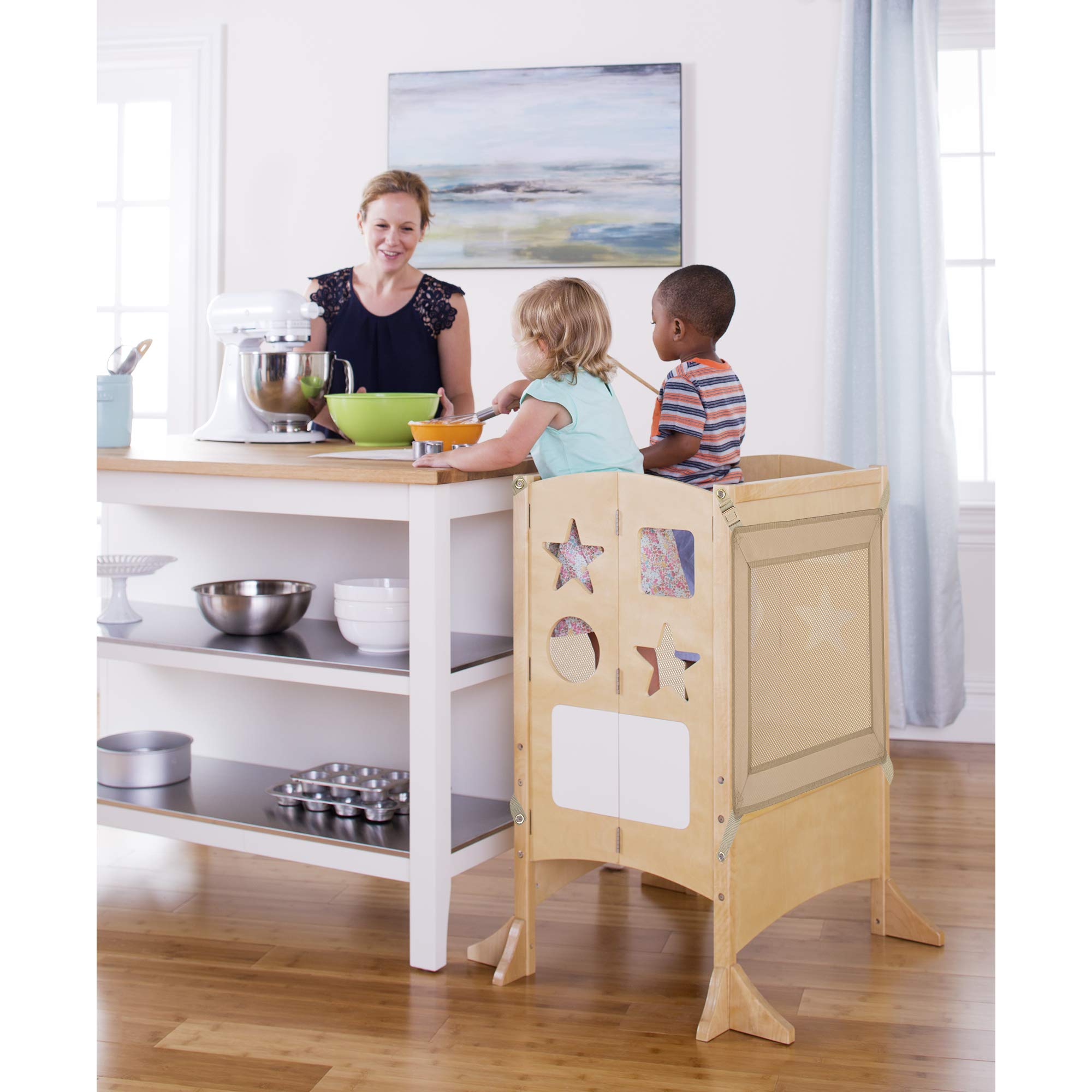 Guidecraft Kitchen Helper® Stool with 2 Keepers - Adjustable Height Double Wide Step Stool for Kids | Safe Learning Tower for Toddlers | Perfect for Baking, Cooking & Kitchen Activities