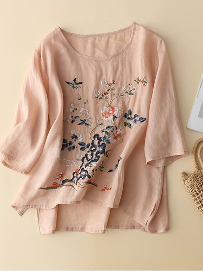 Lovevop Women's Cotton Embroidered Blouse - Loose Fit Round Neck Quarter Sleeve Tunic Top for Casual Wear & Office Outfits | Slimming Shirt for Everyday Comfort