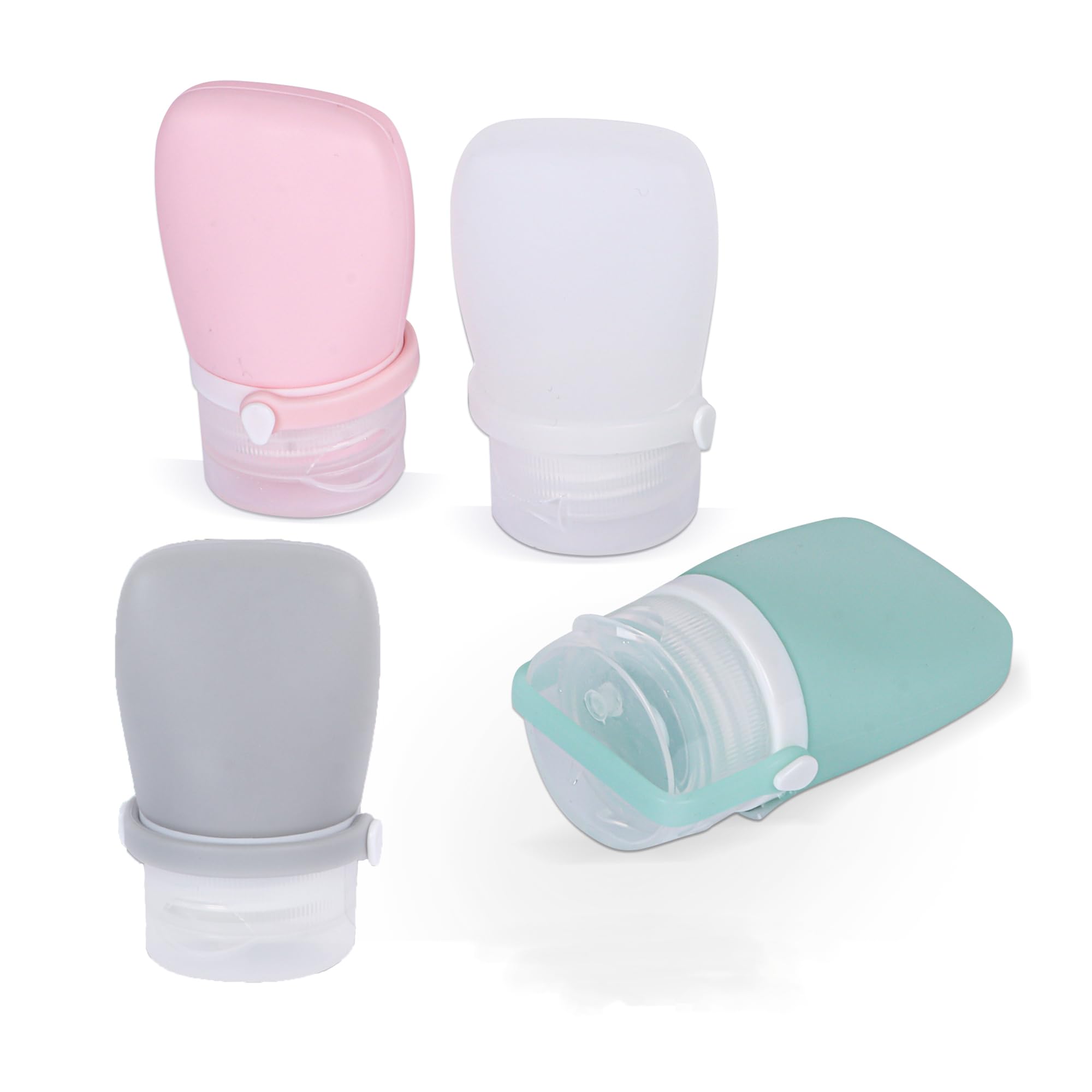 1 oz (30ml) Leak Proof Silicone Travel Bottles 4 Pack - Reusable Toiletry Containers for Shampoo, Lotion & Conditioner (Light Pink, Grey, Mint, Clear) | TSA Approved for Air Travel, Gym & Vacation Essentials