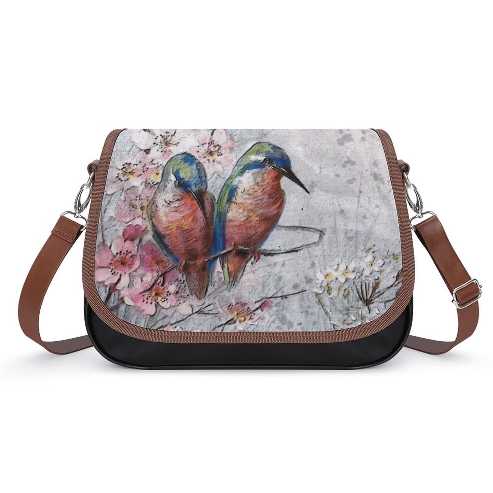 Printed Crossbody Shoulder Bag for Women - PU Leather Designer Satchel with Kingfisher Oil Painting Art - Perfect for Travel, Shopping & Everyday Use