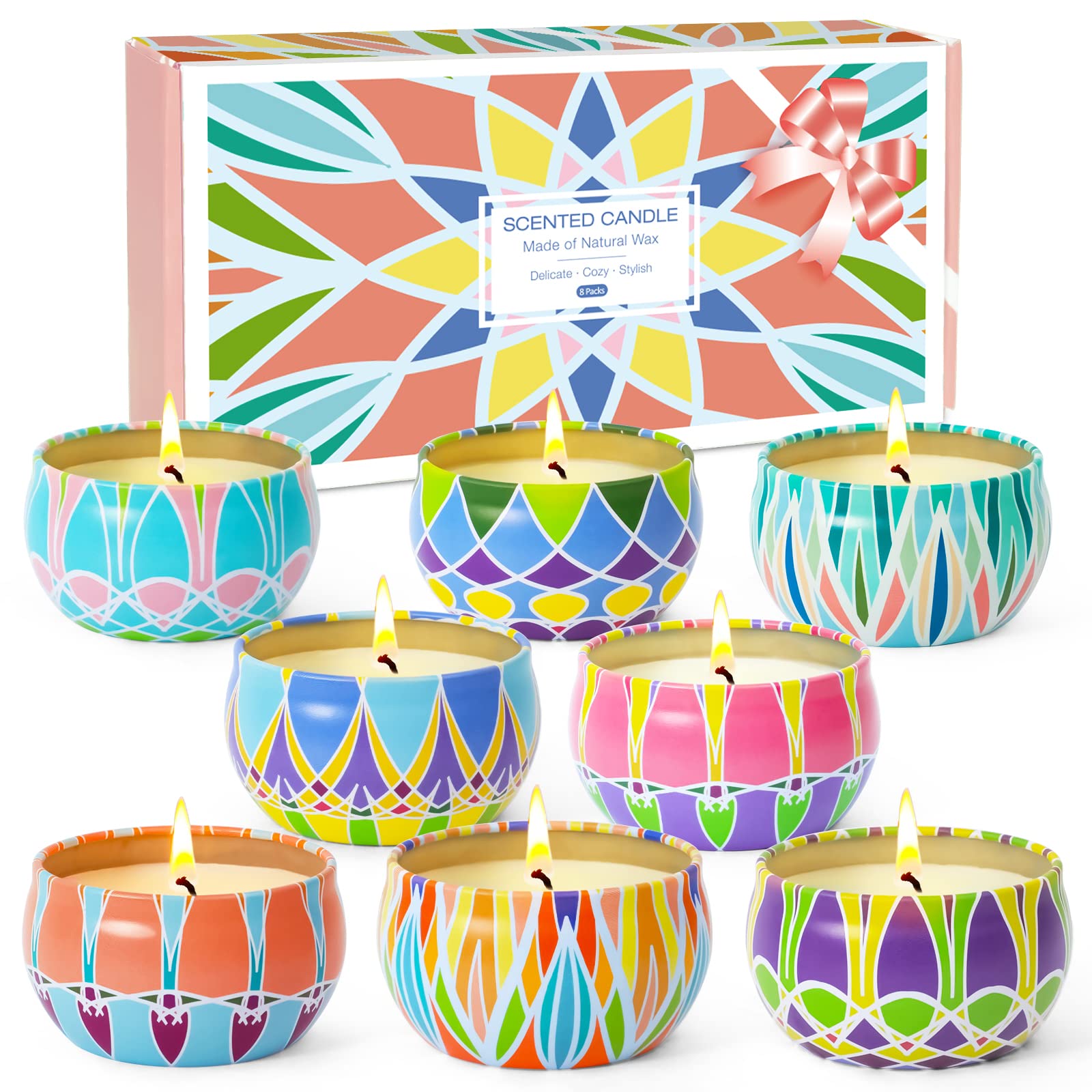 Premium Scented Soy Candles Gift Set - 8 Travel Tin Candles (2.5 oz Each) with 8 Fragrances, Home Decor & Aromatherapy Gifts for Women - Perfect for Relaxation, Meditation & Romantic Ambiance