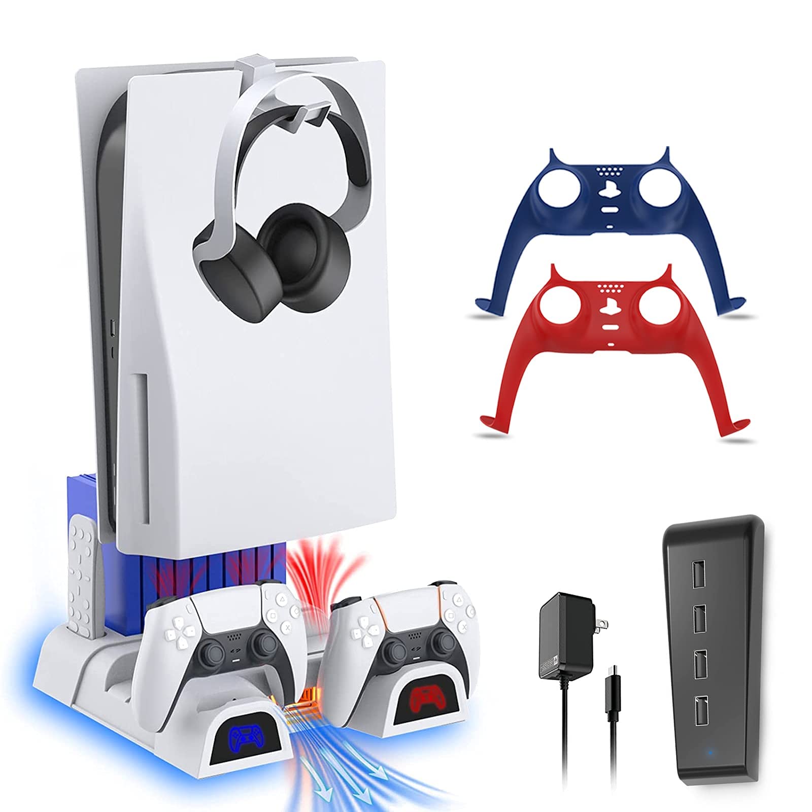 NexiGo PS5 Accessories Kit - Vertical Stand with Headset Holder, AC Adapter, DualSense Controller Faceplate & 4-Port USB Hub for Playstation 5 Disc/Digital Edition - Perfect for Gaming Setup & Console Organization