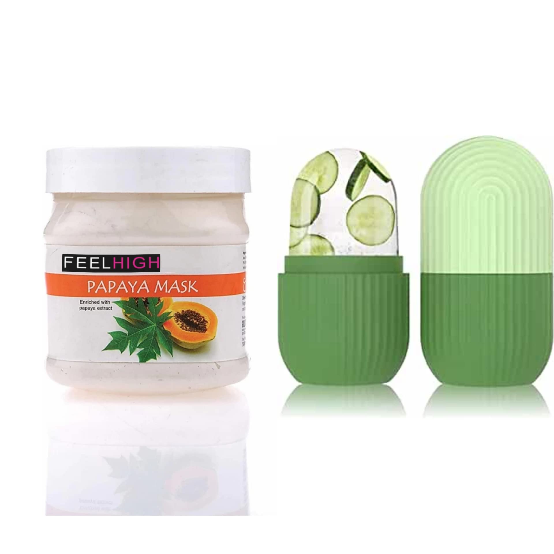 Feelhigh Ice Roller & Papaya Face Mask Set - 10ml Ice Roller & 500ml Face Mask for Skin Care - Cooling Facial Massage & Brightening Treatment - Perfect for Men & Women - At-Home Spa & Post-Workout Recovery