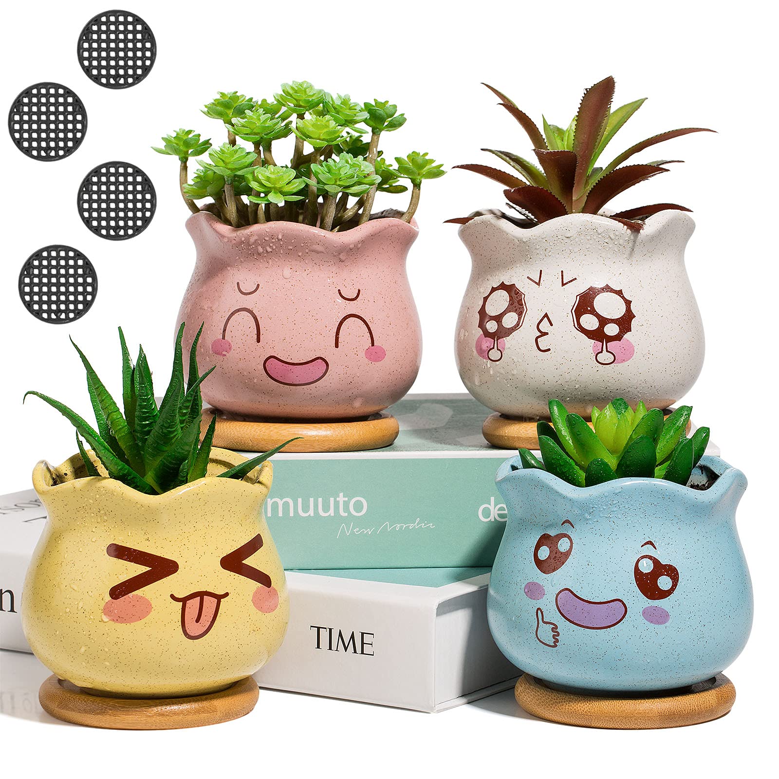 3.5 Inch Ceramic Succulent Planter Pots with Bamboo Tray - 4 Pack Small Cactus Flower Pots with Drainage Holes & Mesh Pads for Home, Office Desk Decor - Perfect for Indoor Plants, Succulents, and Air Plants