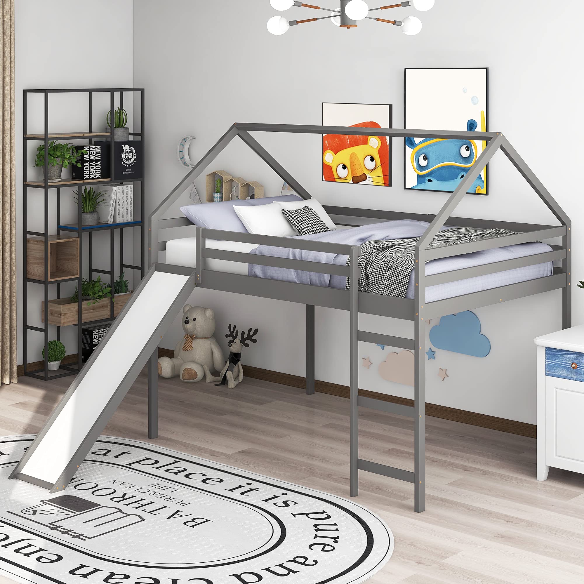 **Merax Full Size Wooden Loft Bed with Slide, Playhouse Design, Roof & Ladder - Easy Assembly, No Box Spring Needed (Grey) - Perfect for Kids' Bedroom, Playroom & Space-Saving Solutions**