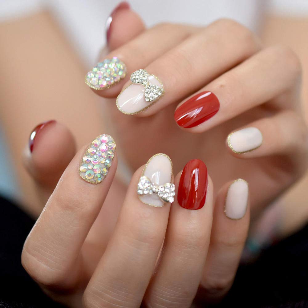 CSCH Short False Nails - Pre-Designed Round Pink Fake Nails with 3D Bow Rhinestone & Glitter | Perfect for Parties, Weddings & Everyday Wear