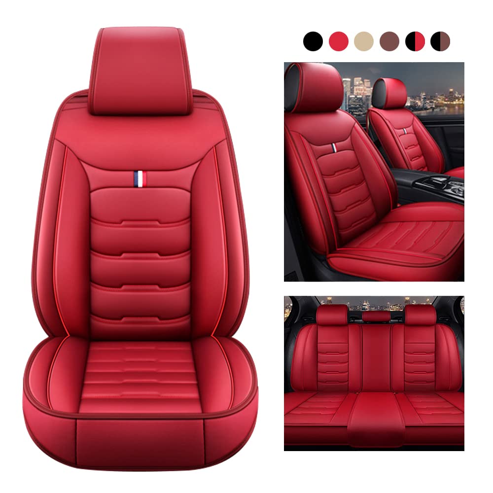 Premium Universal Leather Car Seat Covers Full Set - Waterproof Auto Interior Accessories for Sedan, Truck & SUV (Red) | Perfect for Road Trips, Daily Commute & Family Protection