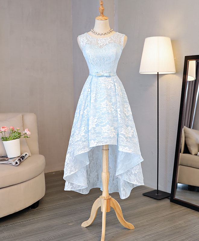Light Blue Lace High Low Prom Dress for Women - Elegant Homecoming Party Gown with Floral Appliques - Perfect for Prom Night, Homecoming Dance, and Formal Occasions