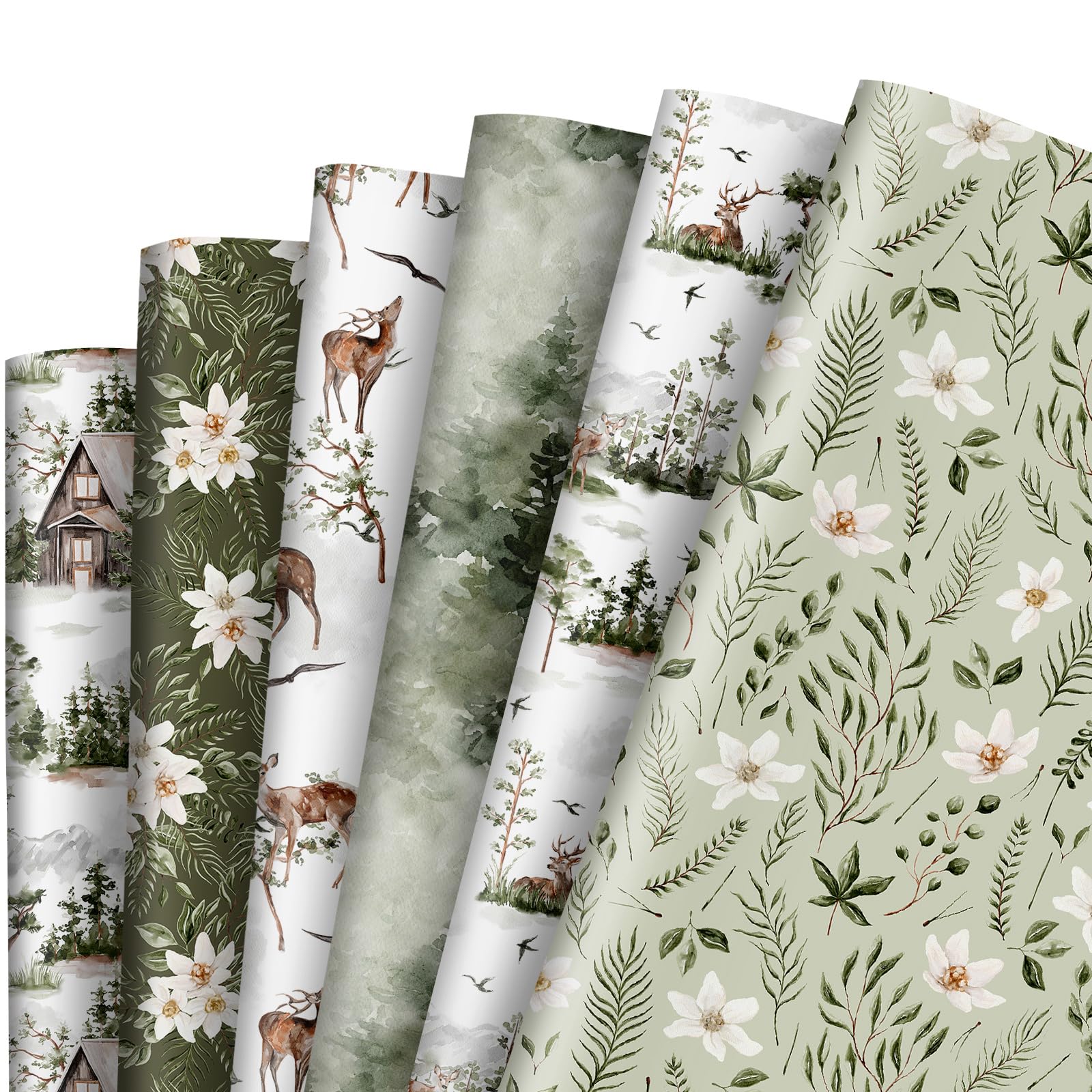 AnyDesign 12-Sheet Greenery Wrapping Paper Set - Forest, Reindeer & Floral Patterns - 19.7 x 27.6 Inch Bulk Gift Wrap for Christmas, Birthday, Party Decorations - Eco-Friendly Art Paper for DIY Crafts & Present Wrapping
