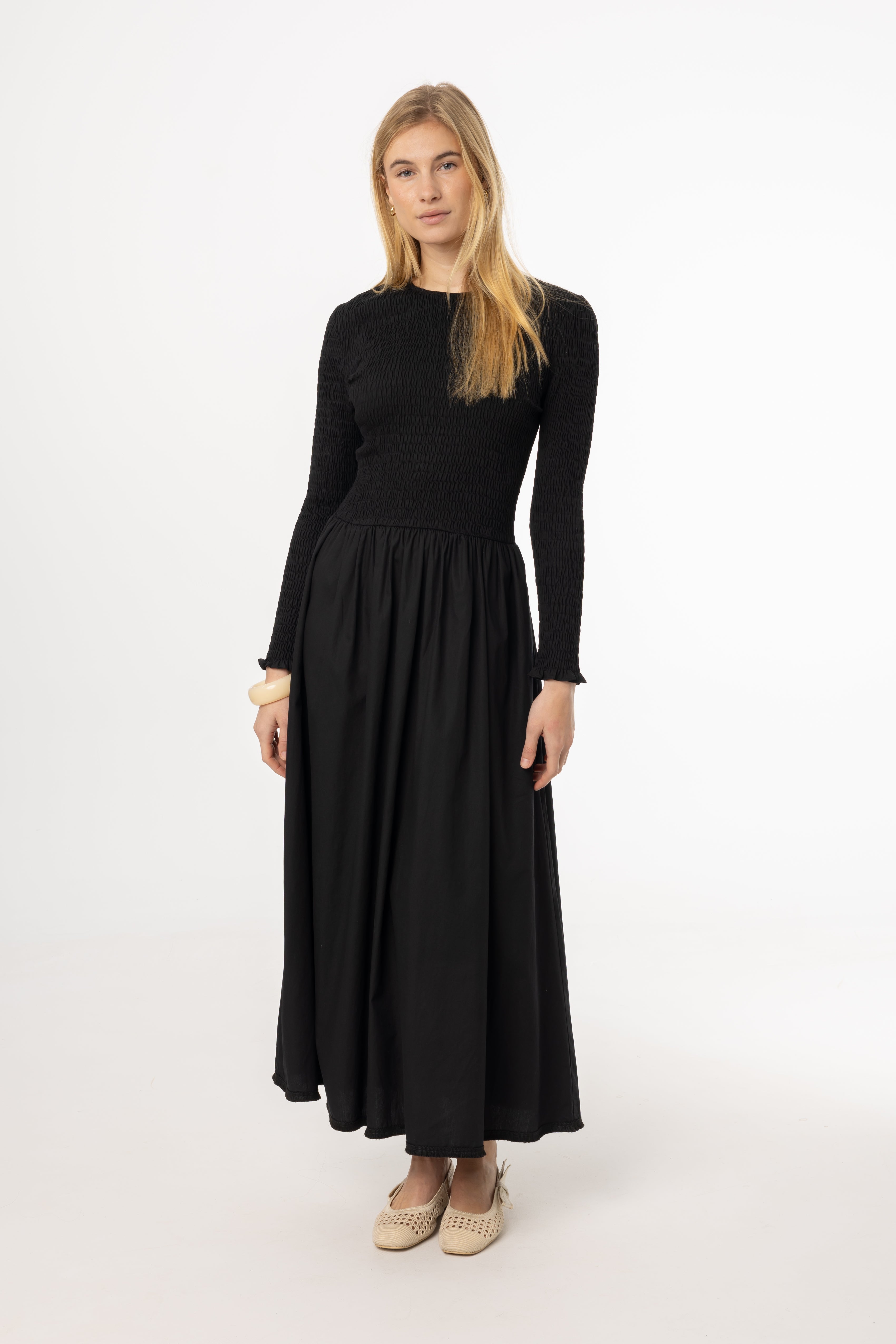 Elegant Black Smocked Cotton Maxi Dress for Women - Perfect for Summer, Beach, and Casual Outings