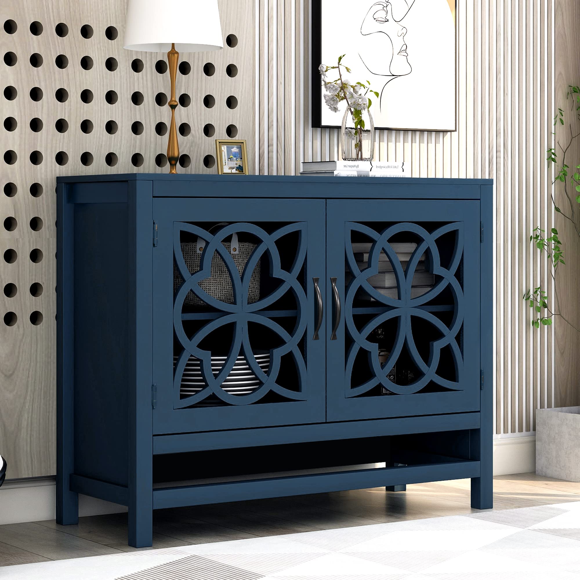 LUMISOL Navy Blue Wood Accent Cabinet - Kitchen Buffet Sideboard with Doors & Adjustable Shelf for Dining Room Storage | Perfect for Farmhouse Decor & Small Space Organization