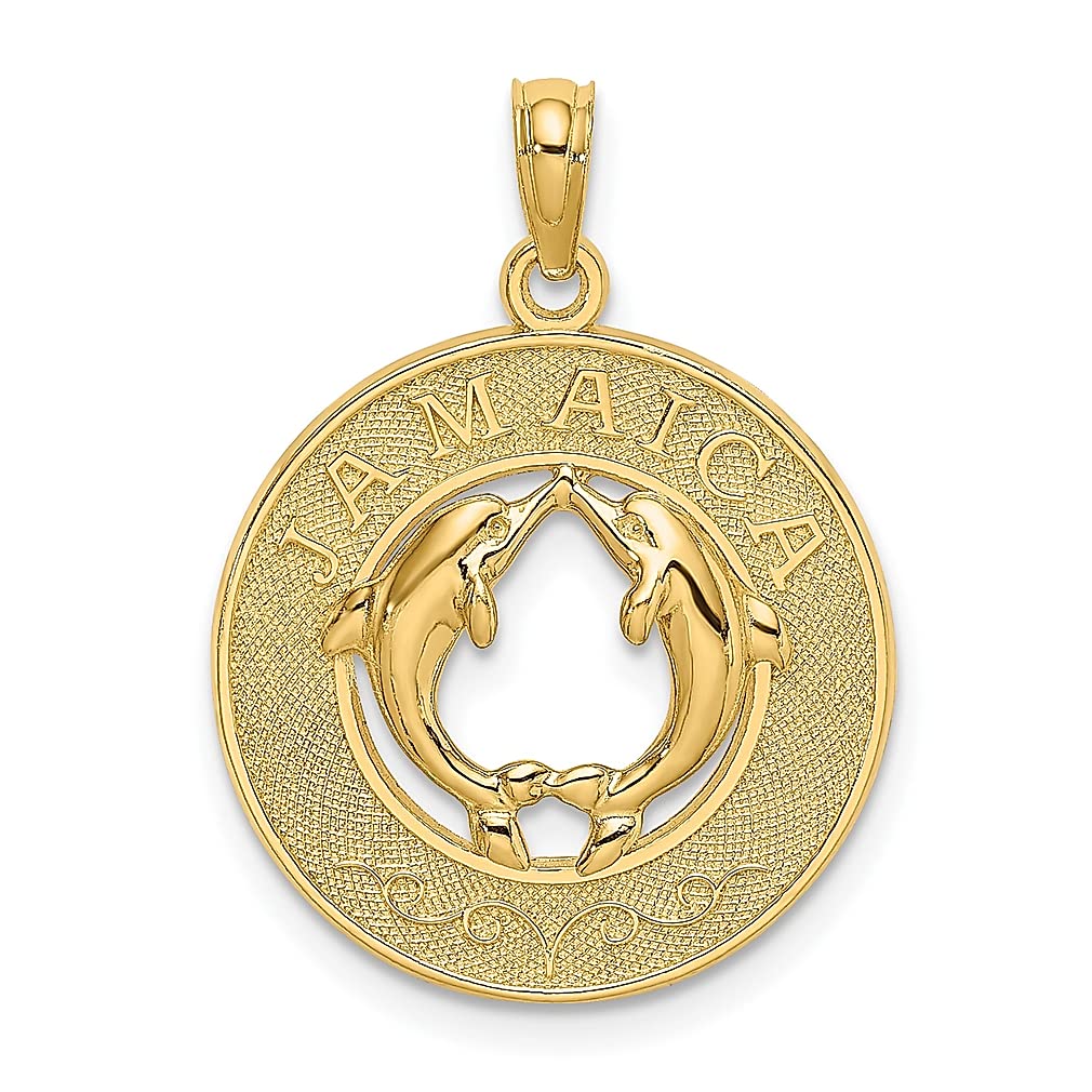 14K Yellow Gold Jamaica Dolphins Circle Charm Necklace - Elegant Travel Inspired Pendant for Women - Perfect Gift for Her - Beach Vacation, Cruise Getaway & Tropical Jewelry Collection