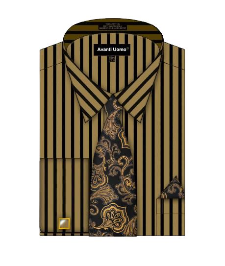 AVANTI UOMO Men's Bold Striped Casual Shirt - Slim Fit Button Down Shirt with All Over Body Print in Tan/Black (DN127M) | Perfect for Office, Date Night & Business Casual Outfits