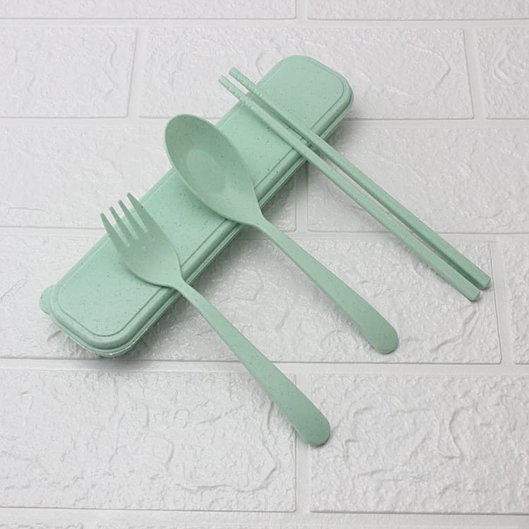 Eco-Friendly Travel Utensil Set with Case - Reusable Wheat Stalk Cutlery Set with Spoon, Fork & Chopsticks | Portable Dining Utensils for Home, Office, Camping & Outdoor Adventures (Green)