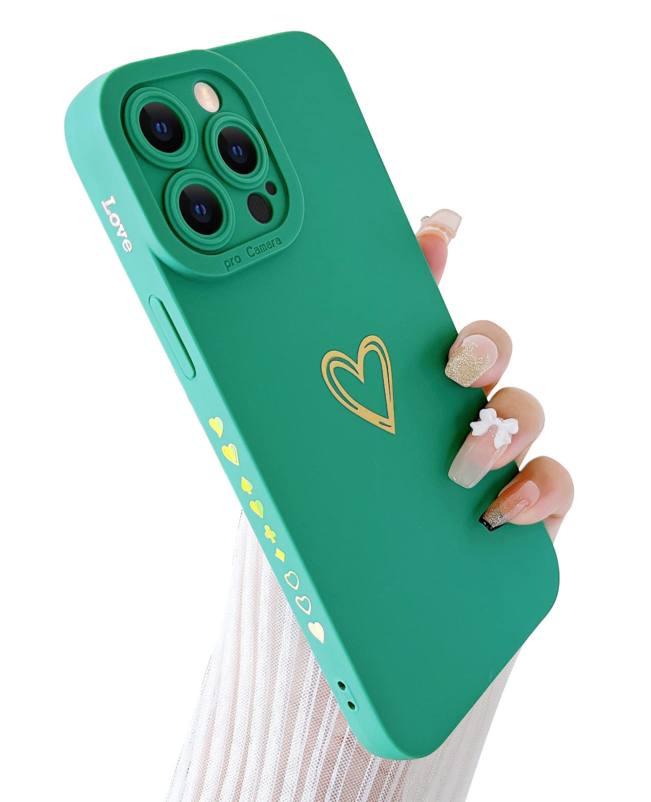 Yeddabox iPhone 13 Pro Max Case for Women - Luxury Bronzing Heart Design, Cute Side Pattern, Soft TPU Shockproof Cover with Full Camera Protection (Green) | Perfect for Everyday Use, Gift Giving & Fashion Accessories