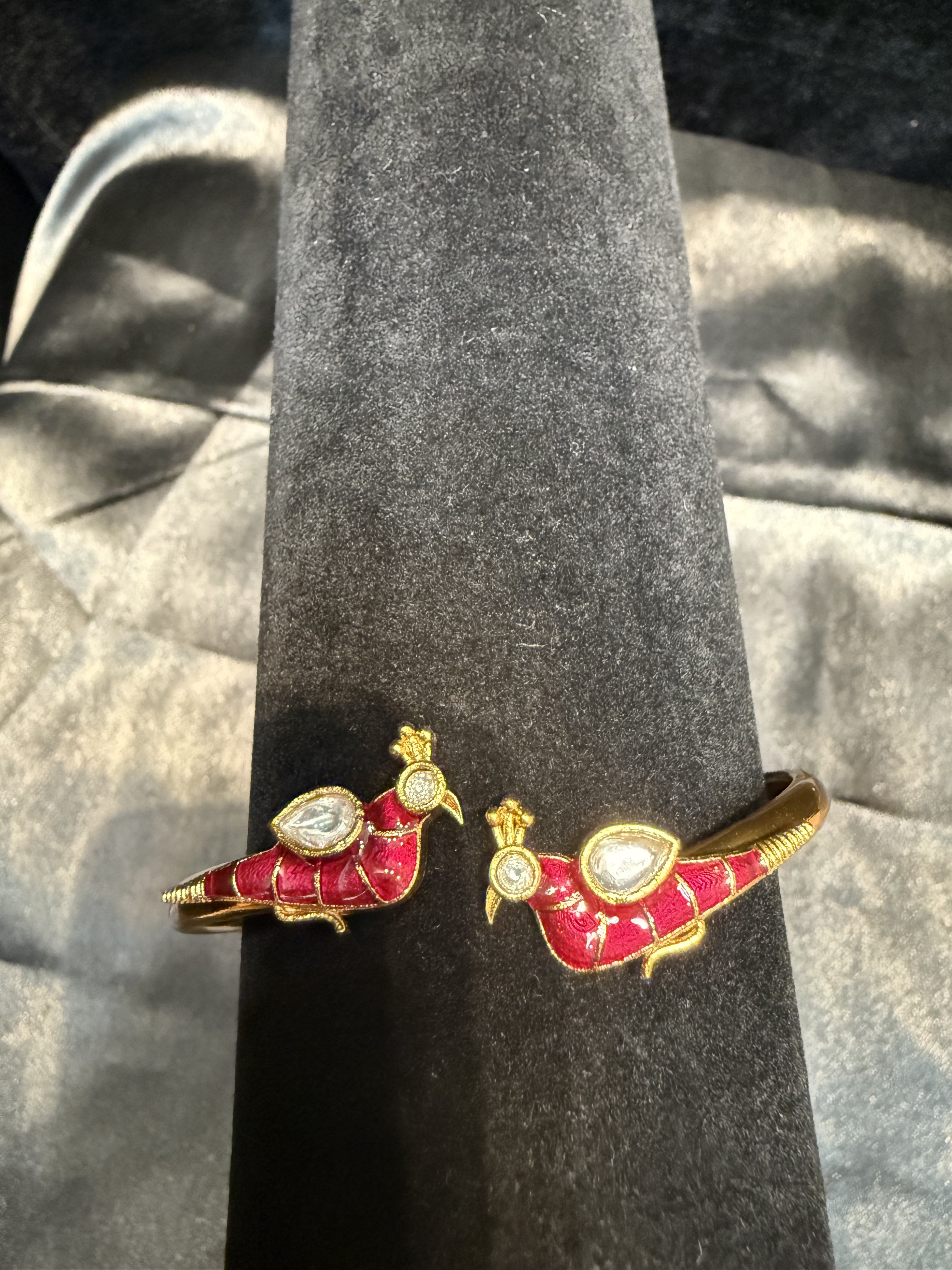 Elegant Gold Plated Peacock Design Bracelet with Hot Pink & White Stones - Perfect for Parties, Weddings & Special Occasions
