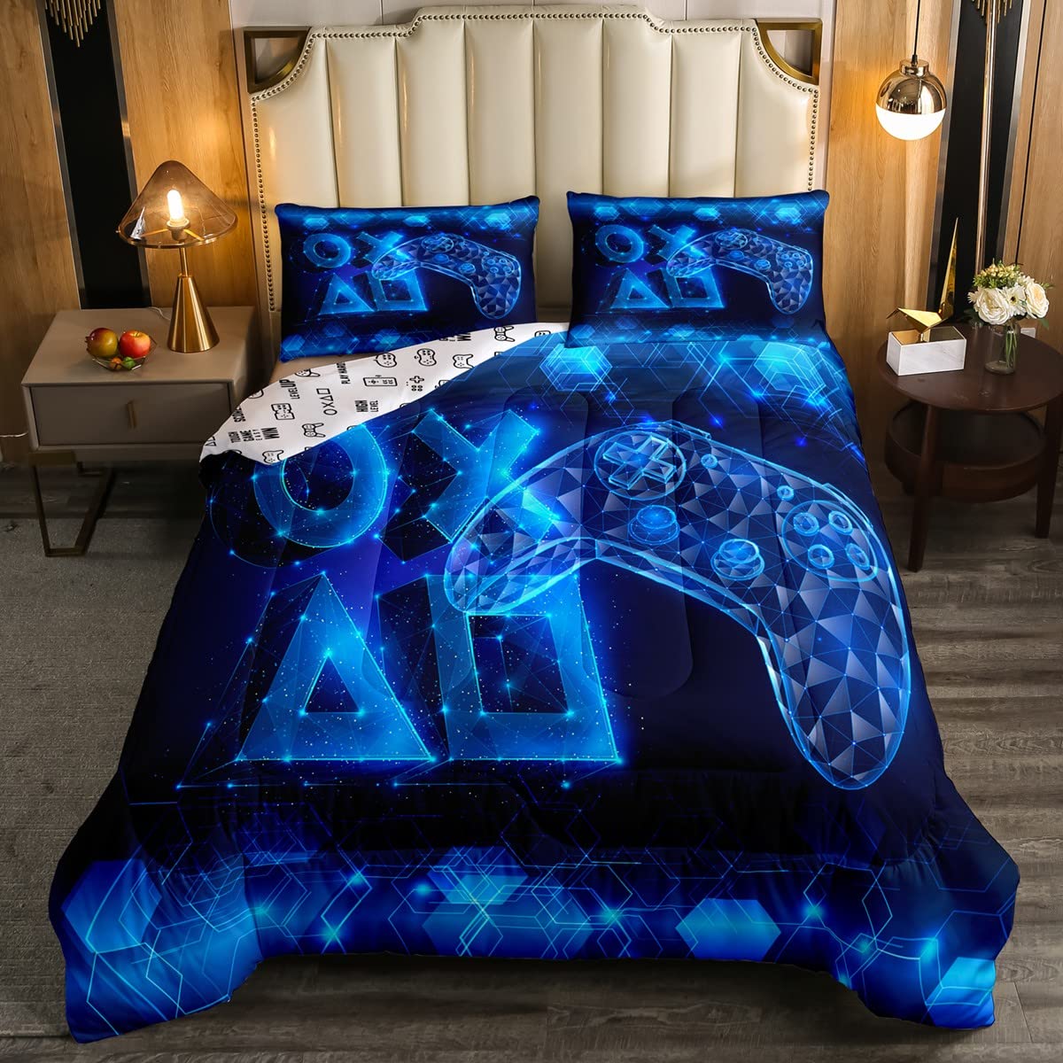 Gaming Comforter Set - Video Game Themed Fluorescent Blue Duvet Cover with Gamepad & Controller Design | Lightweight Bedding for Boys, Girls & Kids Room Decor | Perfect for Gaming Enthusiasts & Bedroom Makeovers