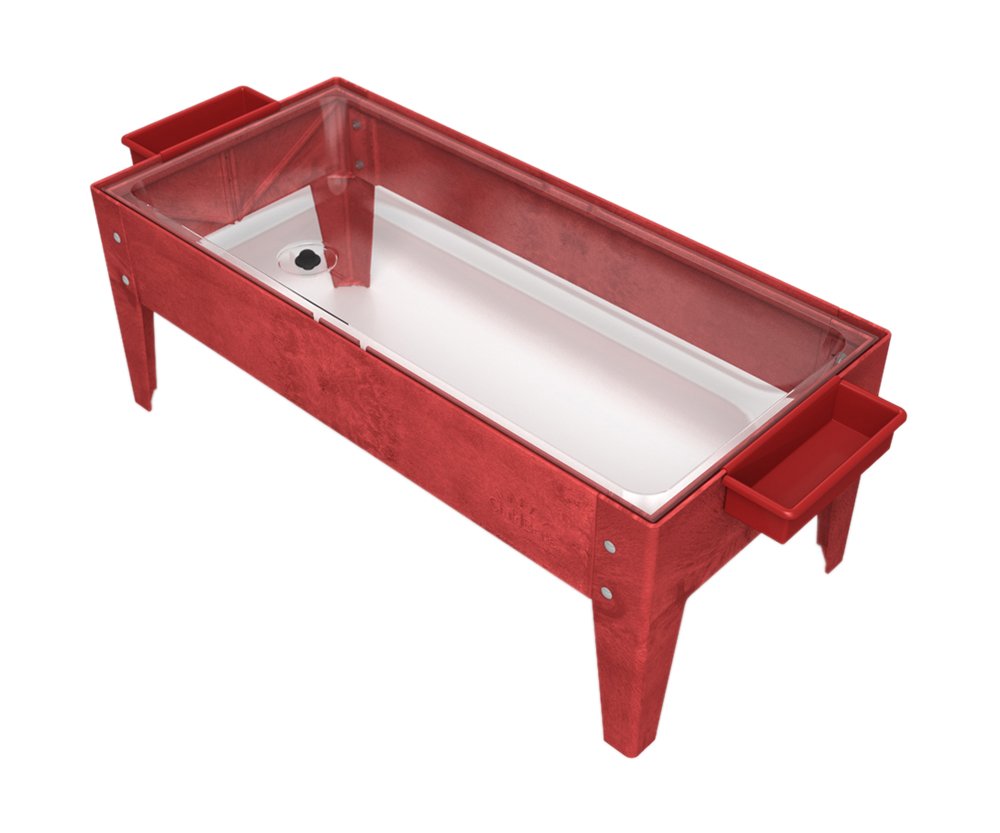 ChildBrite Toddler Sand and Water Activity Table with Clear Liner & Red Frame - Outdoor Sensory Play for Kids, Backyard Sandbox Toy for Preschoolers