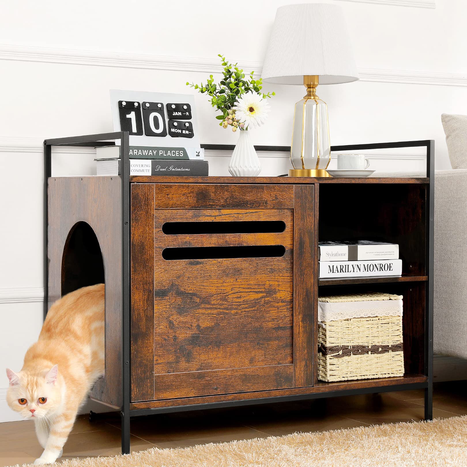 SEJOV Large Hidden Cat Litter Box Enclosure - Wooden Cat House Furniture with Louvered Door & Open Shelf | Discreet Litter Box Solution for Large Cats | Pet Crate, TV Stand & Storage Cabinet | Perfect for Living Rooms, Bedrooms & Apartments